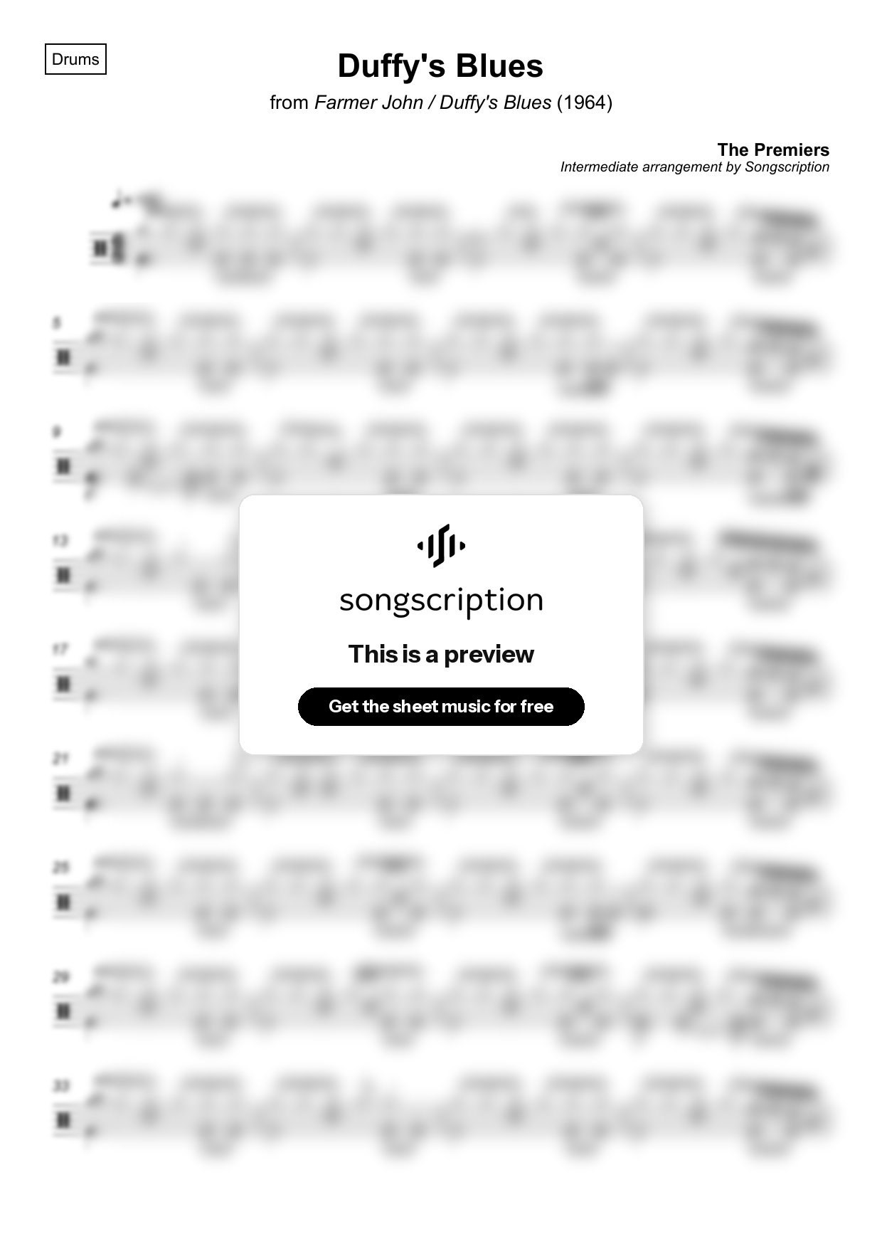Intermediate Drums Sheet Music for "Duffy's Blues" by The Premiers