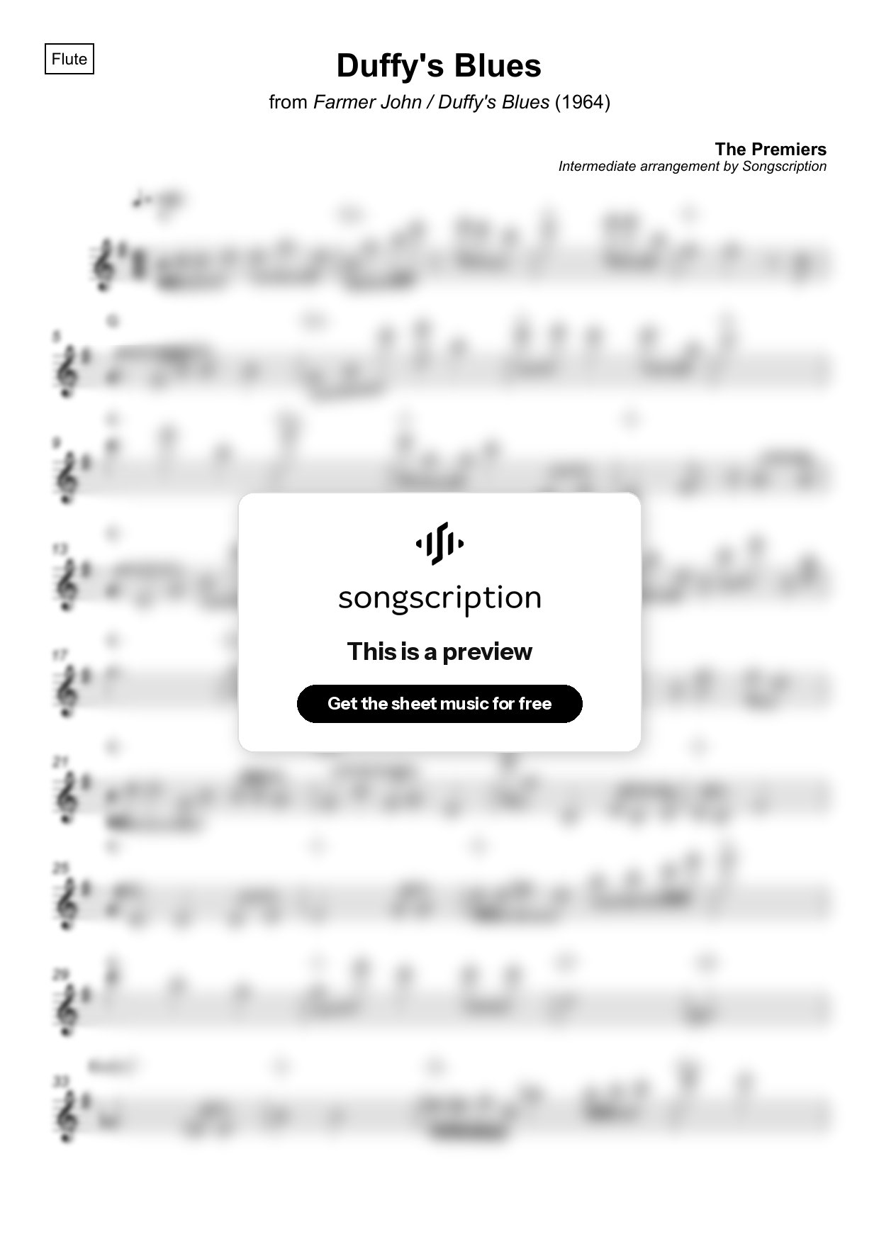 Intermediate Flute Sheet Music for "Duffy's Blues" by The Premiers