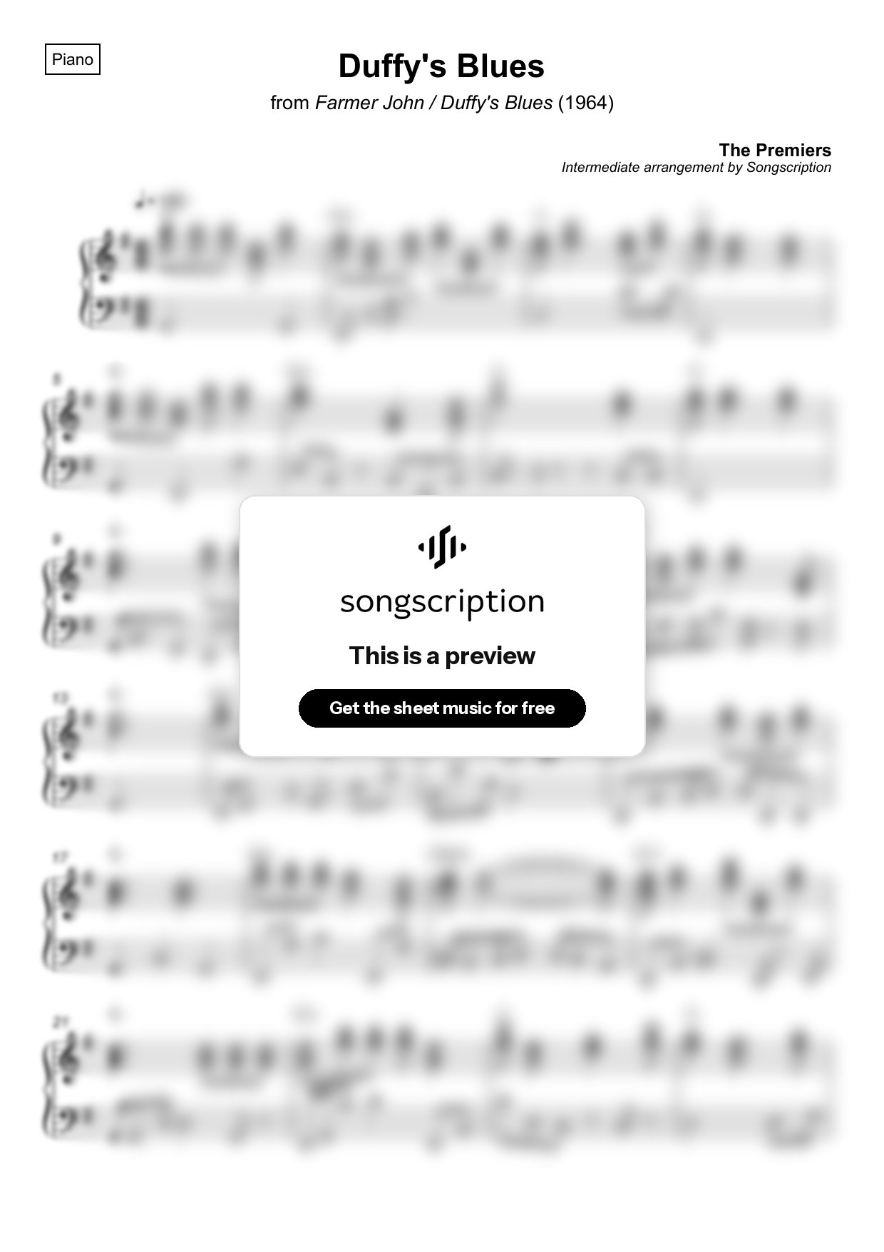 Intermediate Piano Sheet Music for "Duffy's Blues" by The Premiers