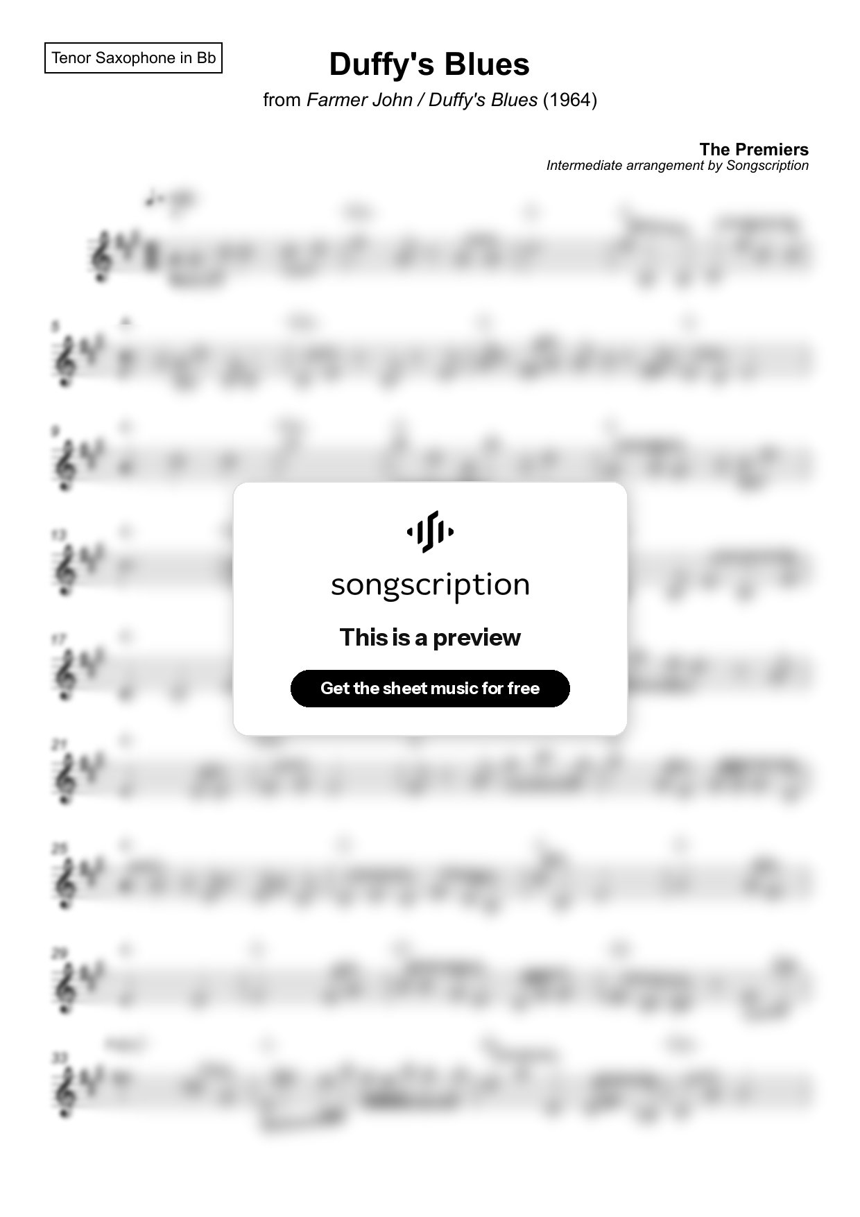 Intermediate Tenor Sax Sheet Music for "Duffy's Blues" by The Premiers