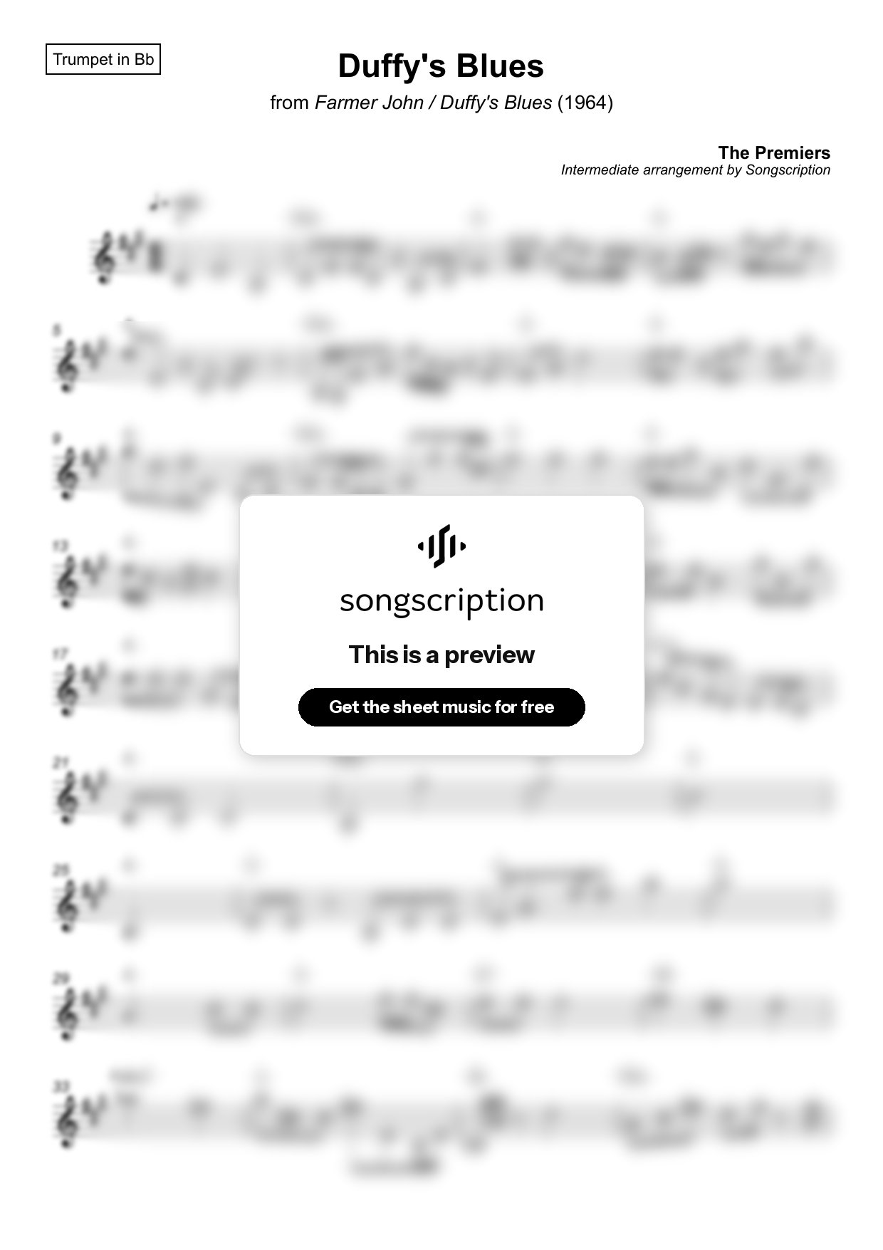 Intermediate Trumpet Sheet Music for "Duffy's Blues" by The Premiers