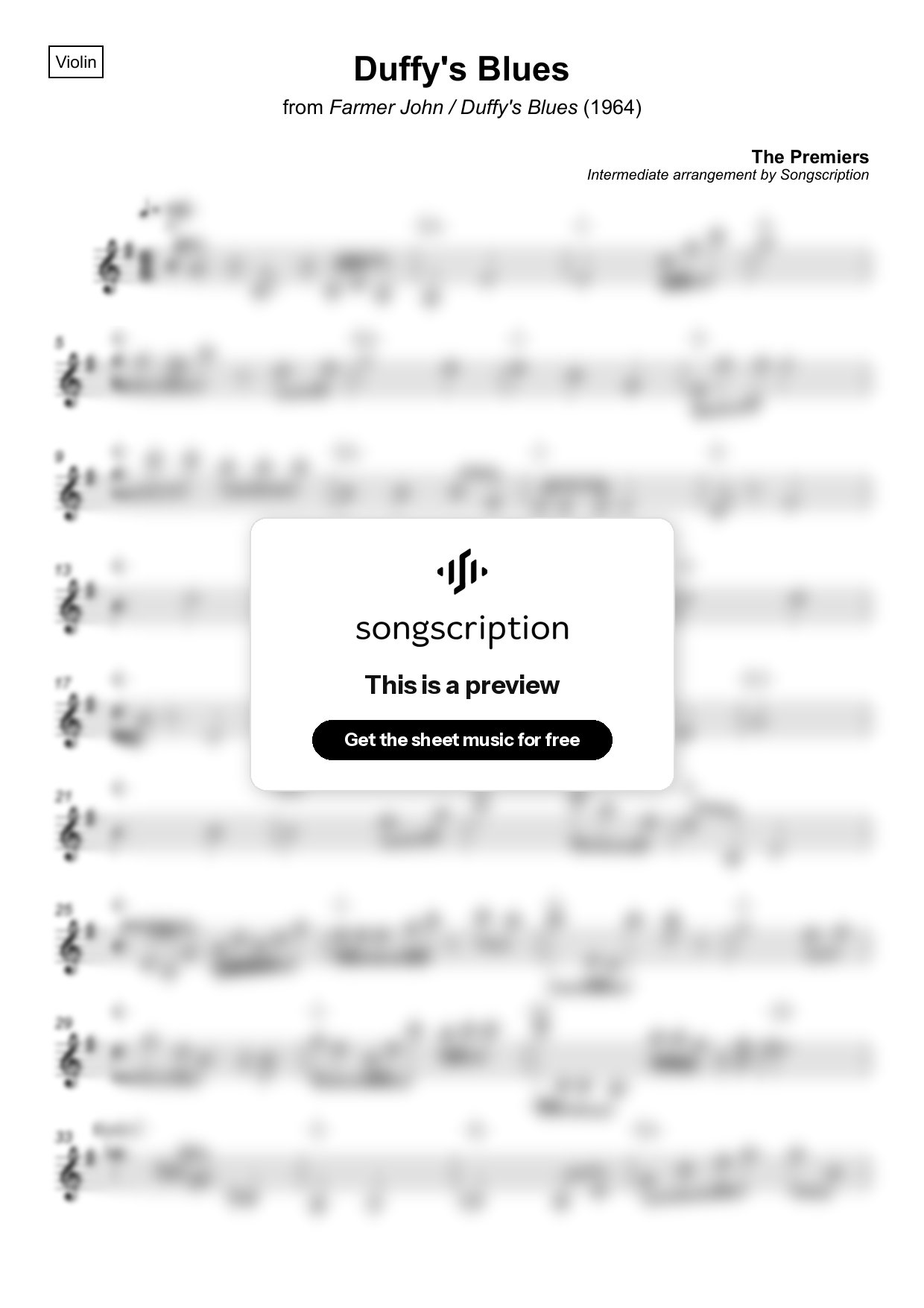 Intermediate Violin Sheet Music for "Duffy's Blues" by The Premiers