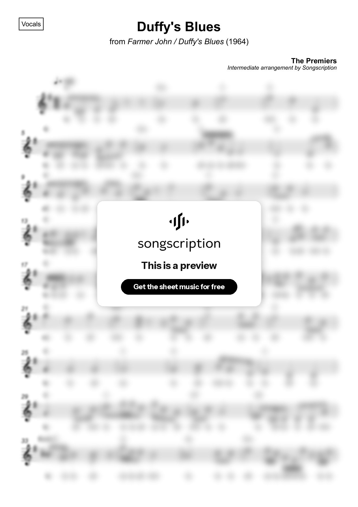 Intermediate Vocals Sheet Music for "Duffy's Blues" by The Premiers