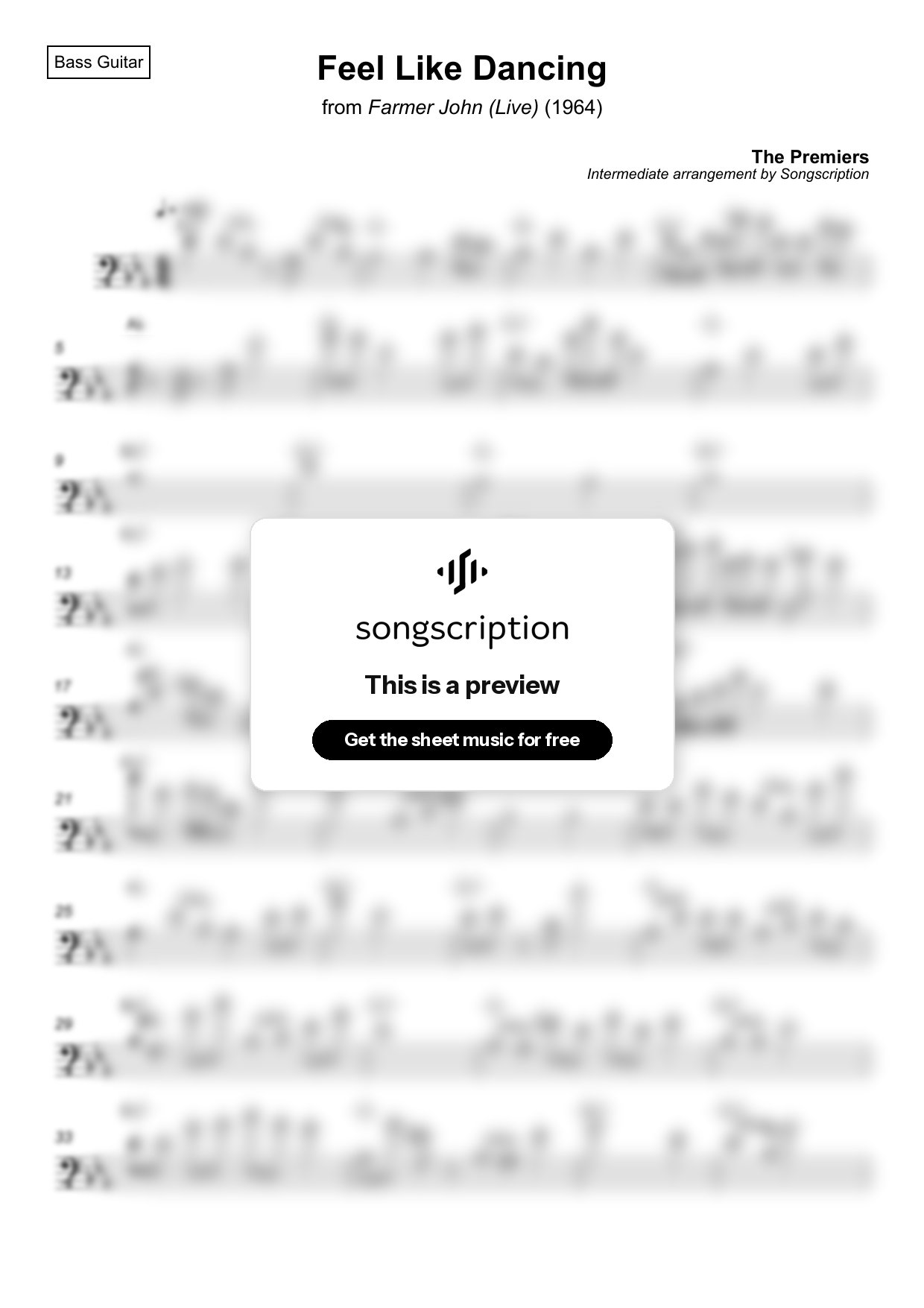 Intermediate Bass Guitar Sheet Music for "Feel Like Dancing" by The Premiers