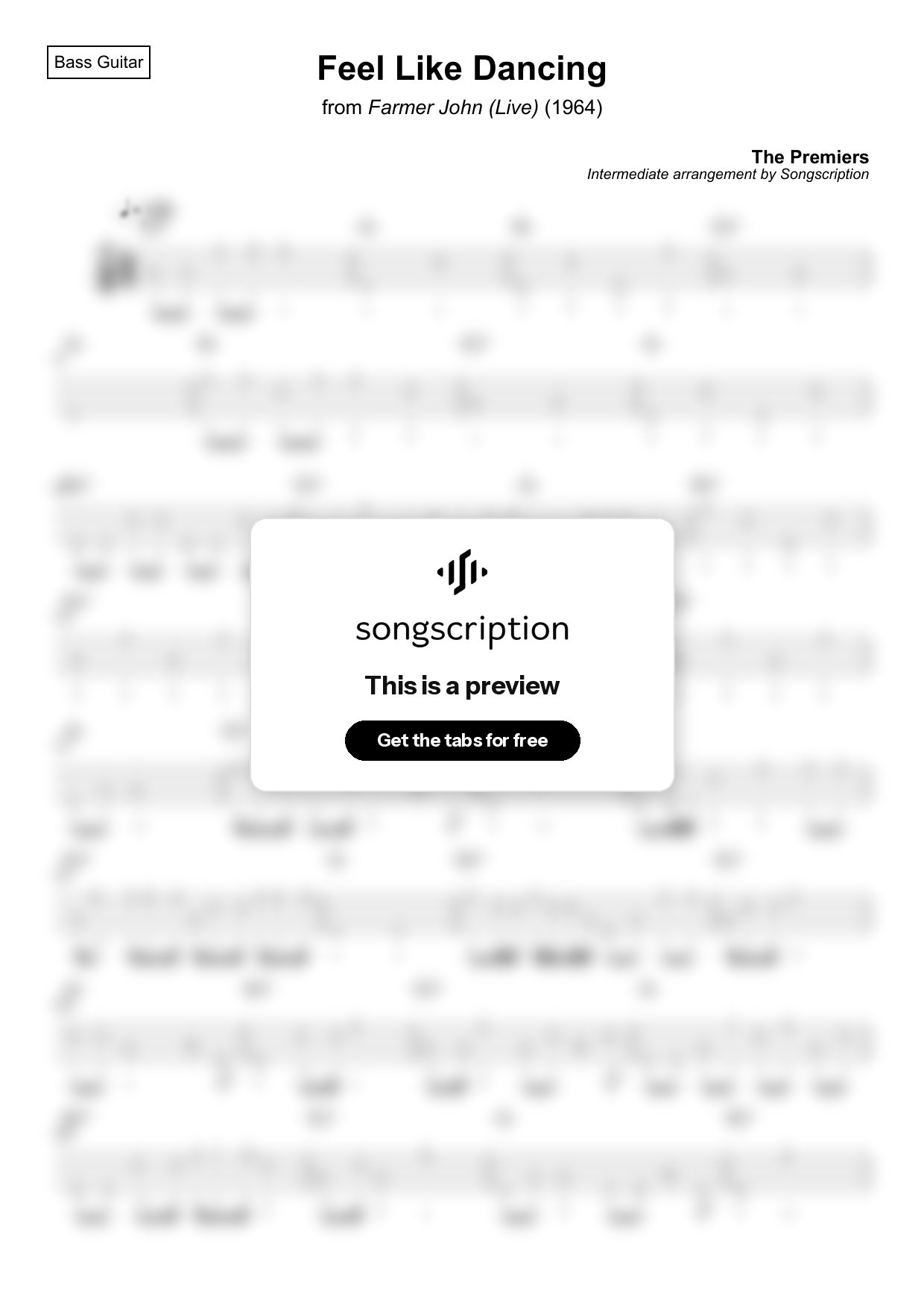 Intermediate Bass Guitar Tabs for "Feel Like Dancing" by The Premiers
