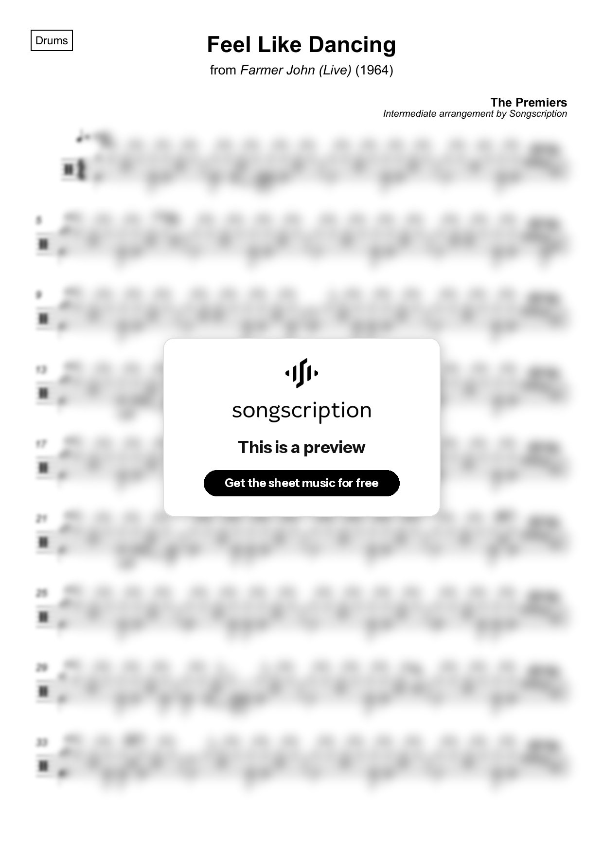 Intermediate Drums Sheet Music for "Feel Like Dancing" by The Premiers