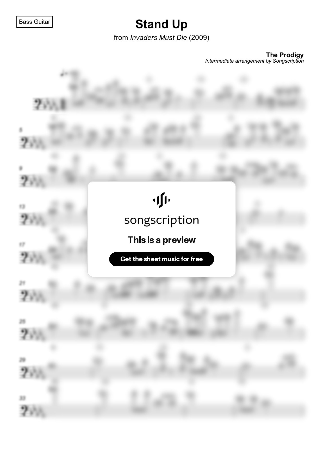 Intermediate Bass Guitar Sheet Music for "Stand Up" by The Prodigy