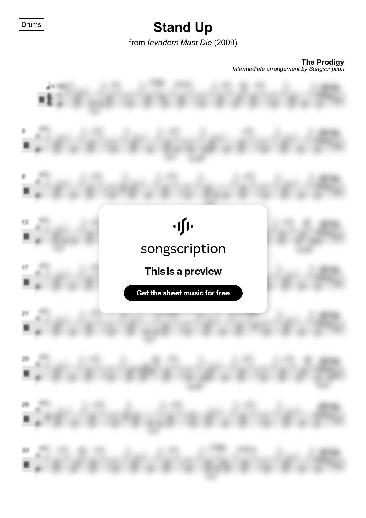 Intermediate Drums Sheet Music for "Stand Up" by The Prodigy