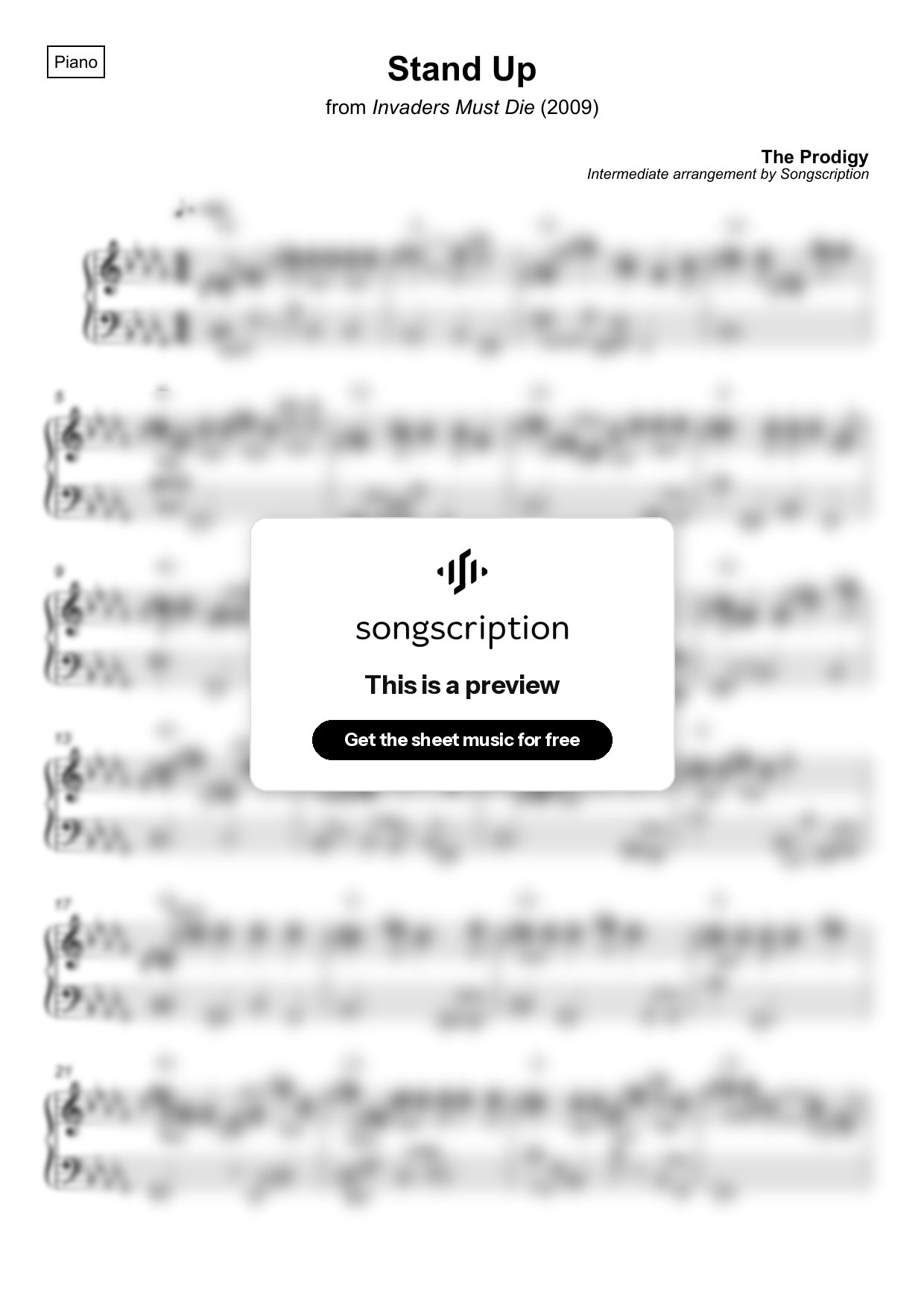 Intermediate Piano Sheet Music for "Stand Up" by The Prodigy