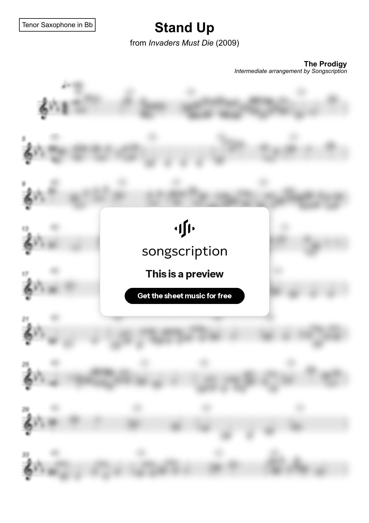 Intermediate Tenor Sax Sheet Music for "Stand Up" by The Prodigy