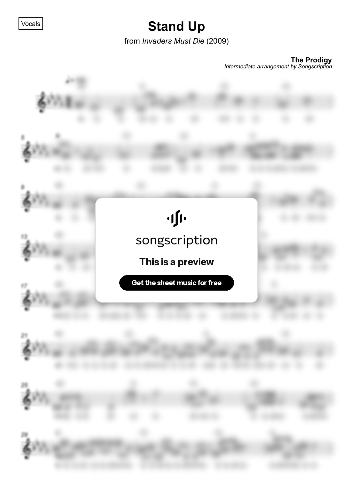 Intermediate Vocals Sheet Music for "Stand Up" by The Prodigy