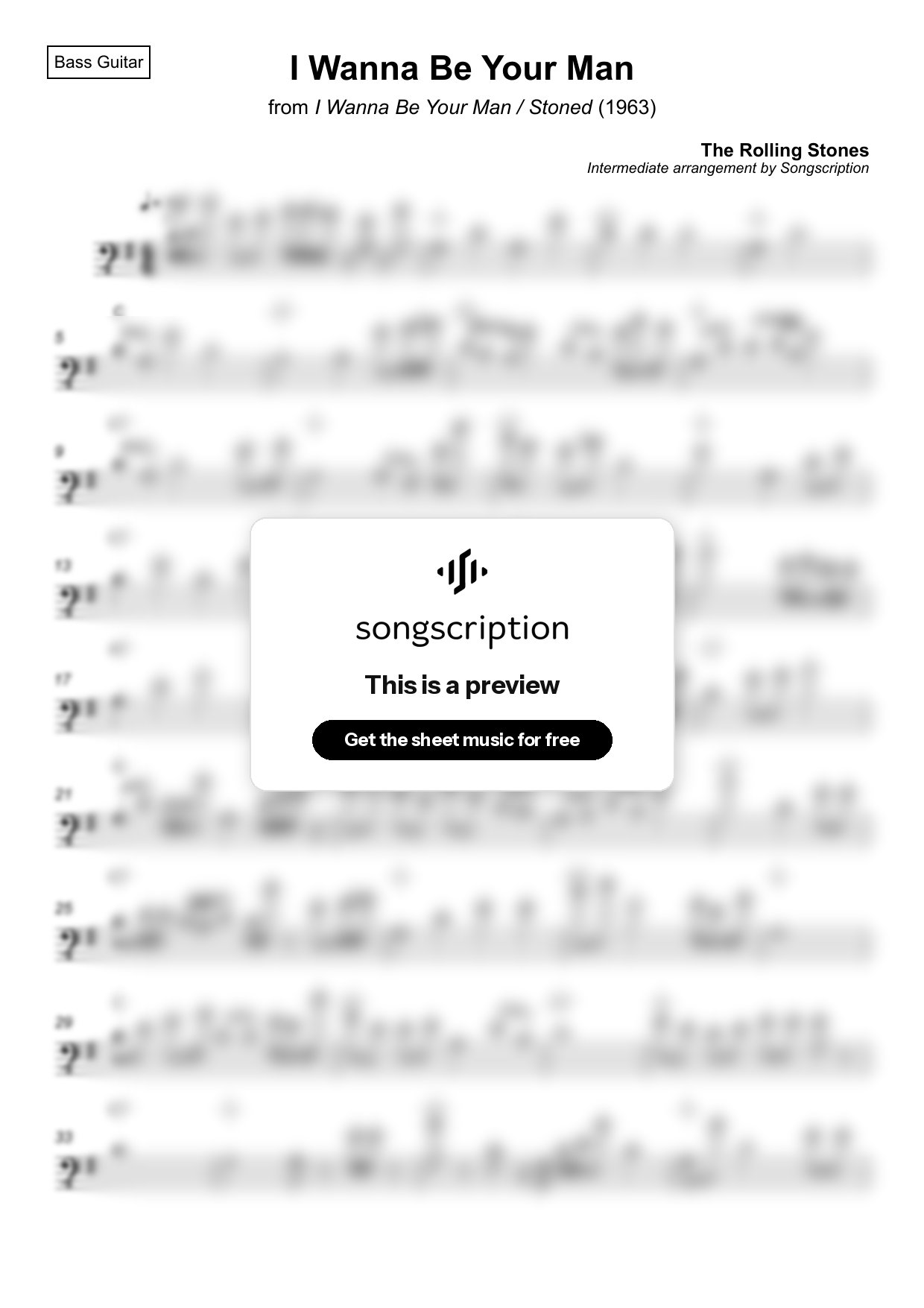 Intermediate Bass Guitar Sheet Music for "I Wanna Be Your Man" by The Rolling Stones