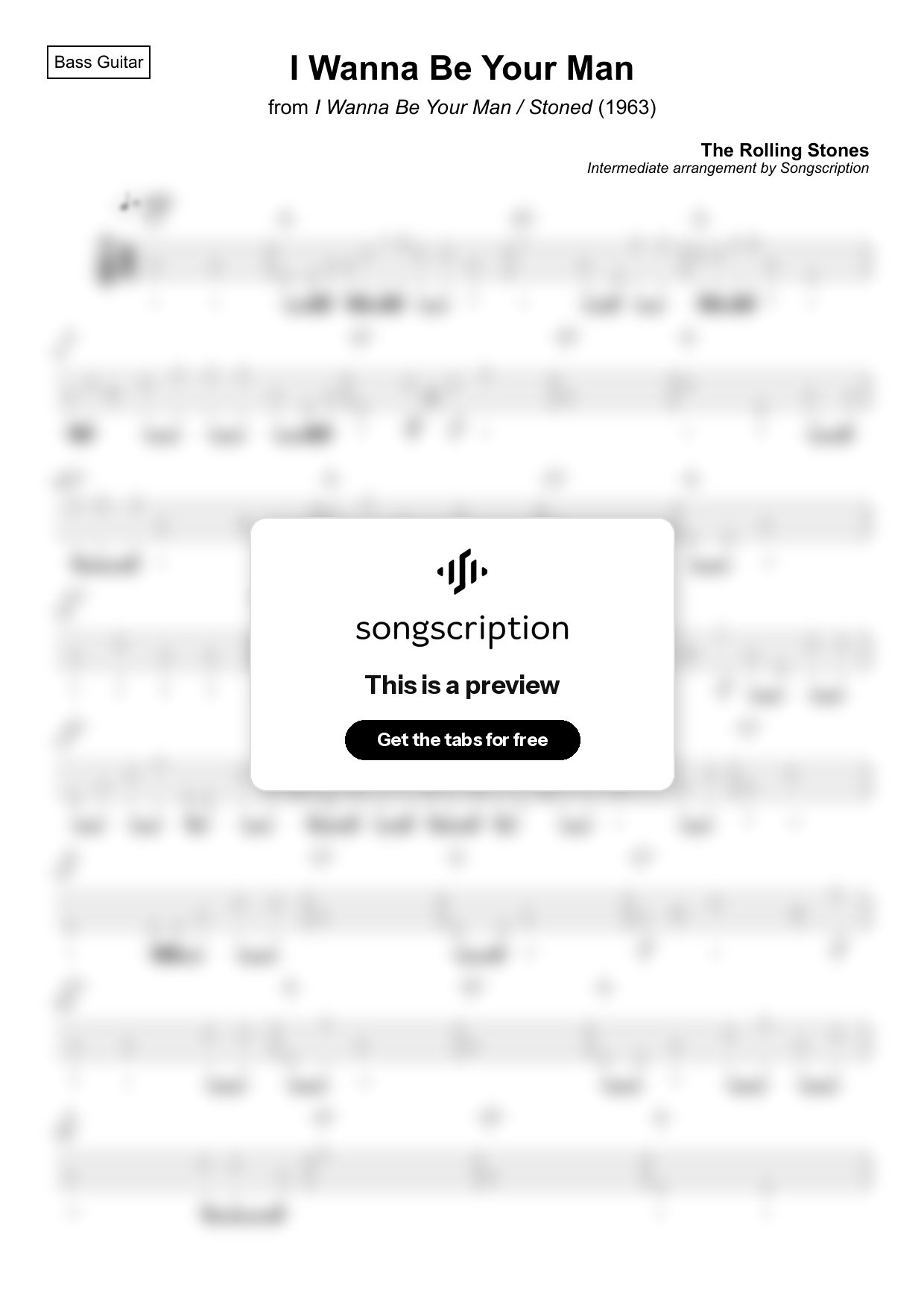 Intermediate Bass Guitar Tabs for "I Wanna Be Your Man" by The Rolling Stones