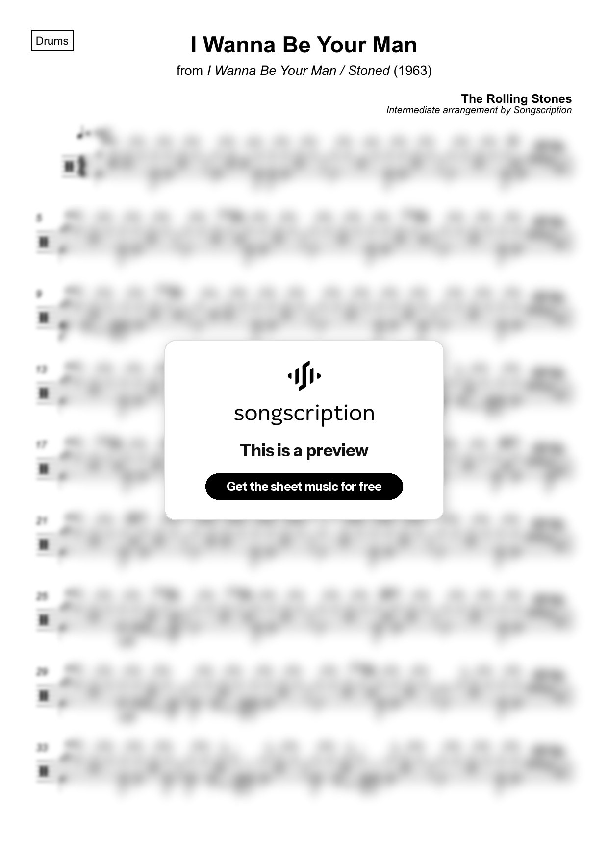 Intermediate Drums Sheet Music for "I Wanna Be Your Man" by The Rolling Stones