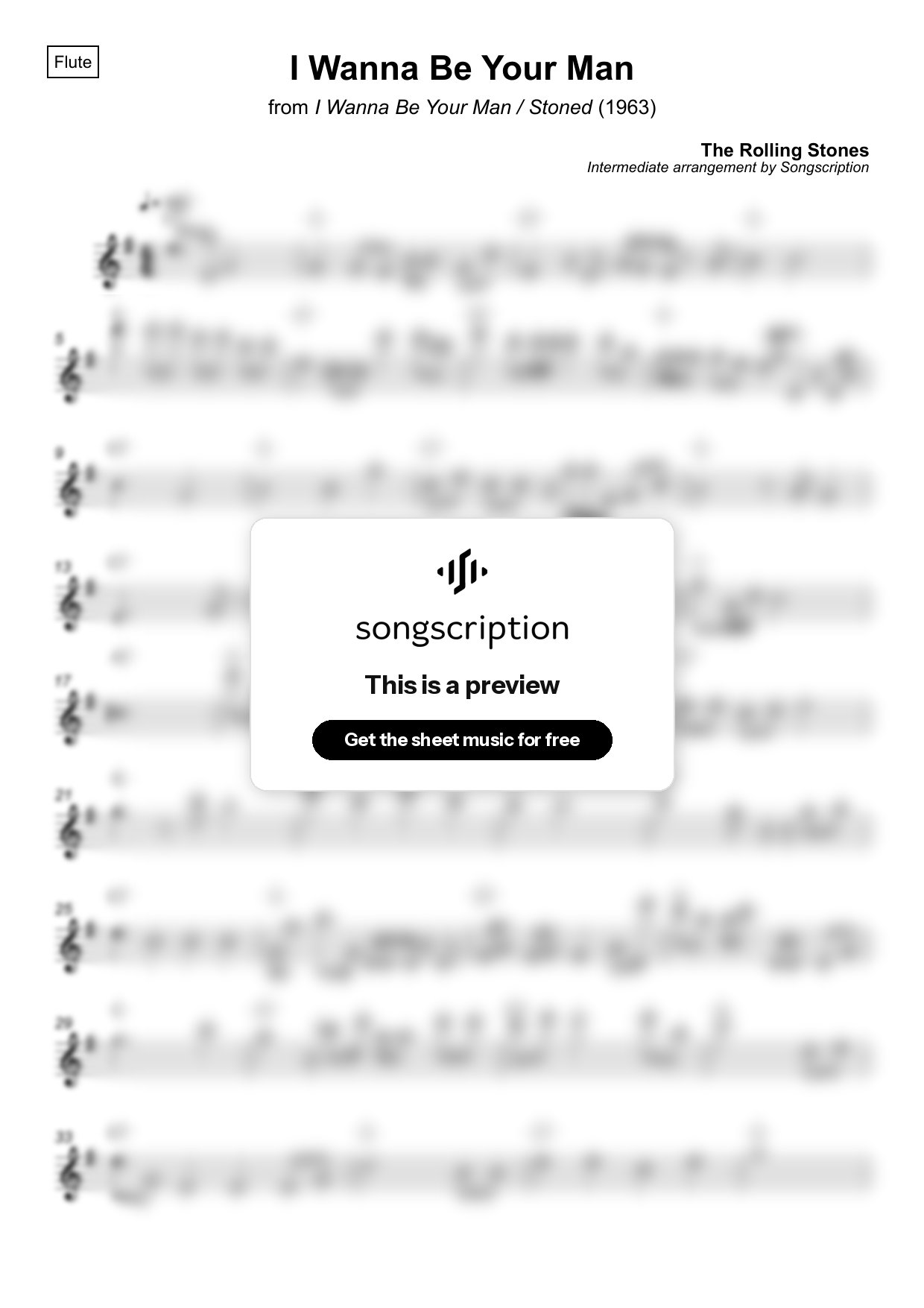 Intermediate Flute Sheet Music for "I Wanna Be Your Man" by The Rolling Stones