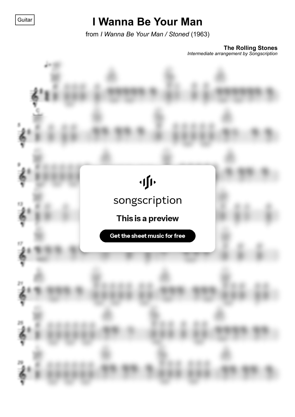 Intermediate Acoustic Guitar Sheet Music for "I Wanna Be Your Man" by The Rolling Stones