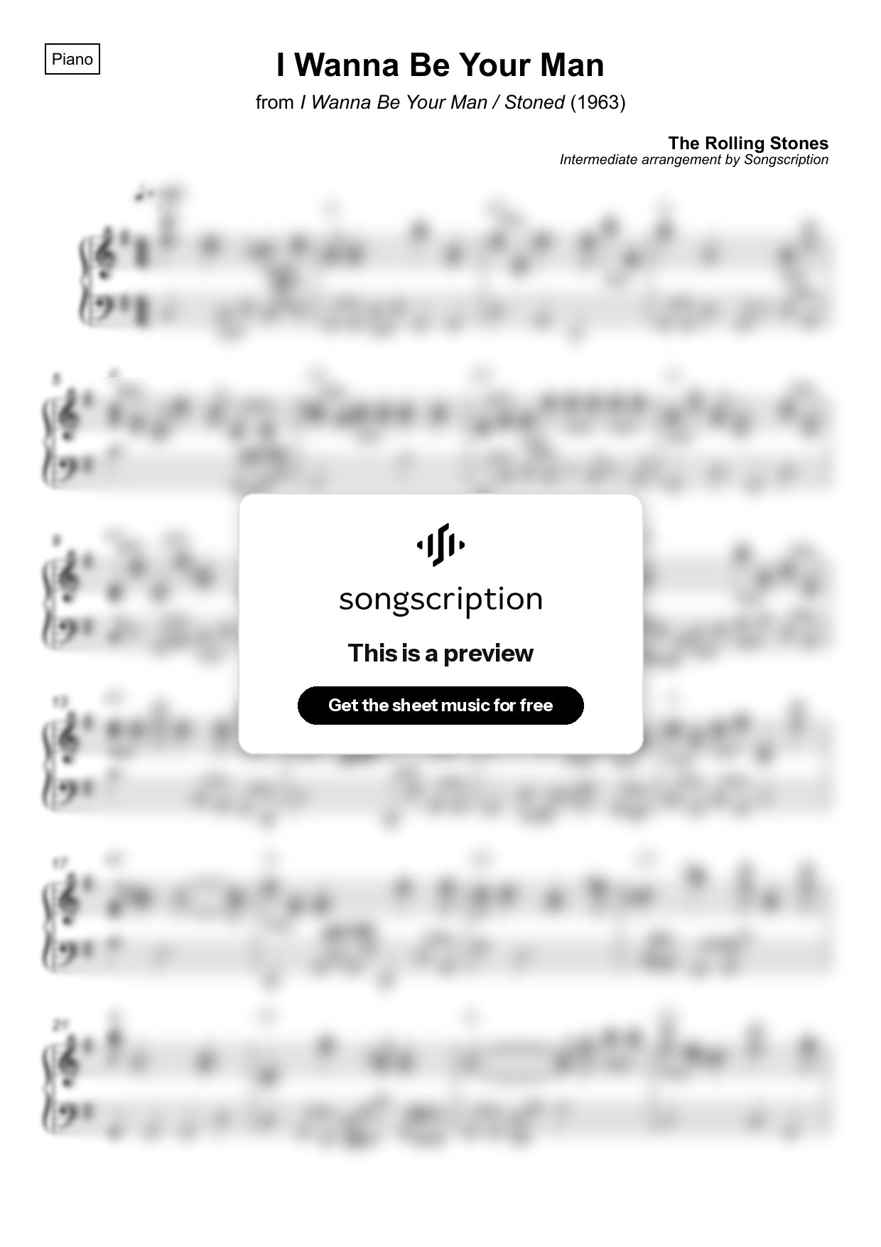 Intermediate Piano Sheet Music for "I Wanna Be Your Man" by The Rolling Stones