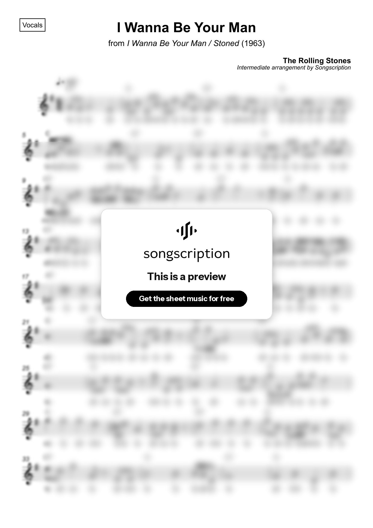 Intermediate Vocals Sheet Music for "I Wanna Be Your Man" by The Rolling Stones