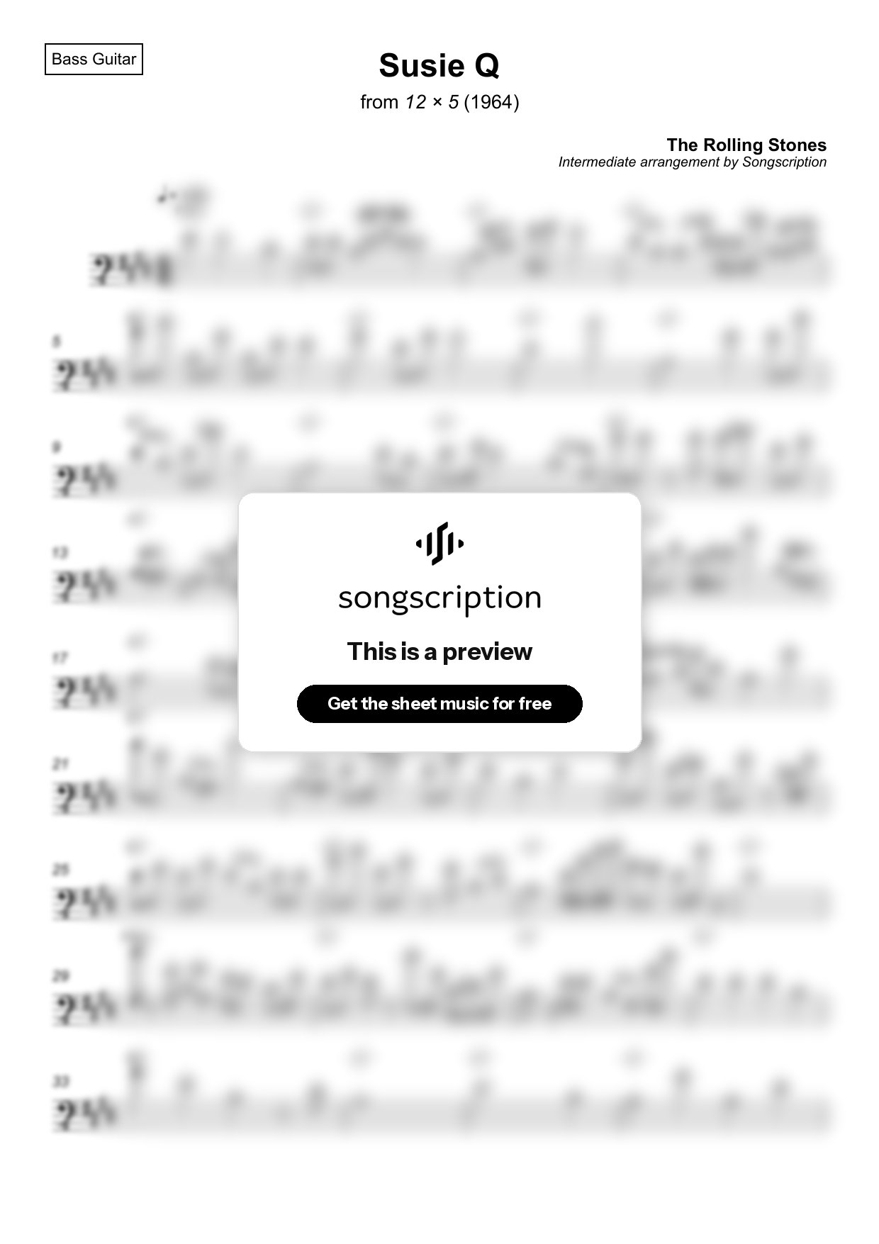 Intermediate Bass Guitar Sheet Music for "Susie Q" by The Rolling Stones