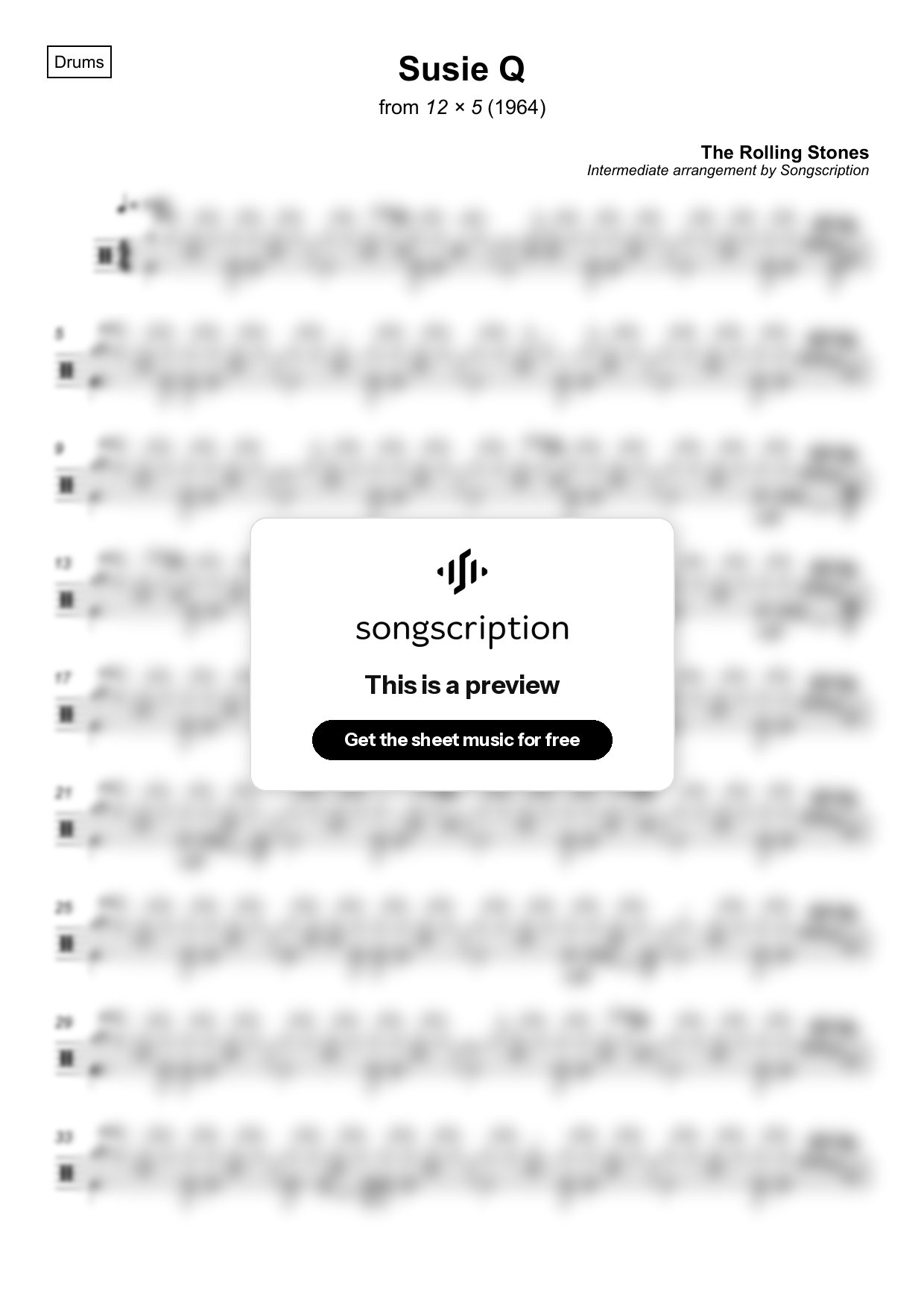 Intermediate Drums Sheet Music for "Susie Q" by The Rolling Stones