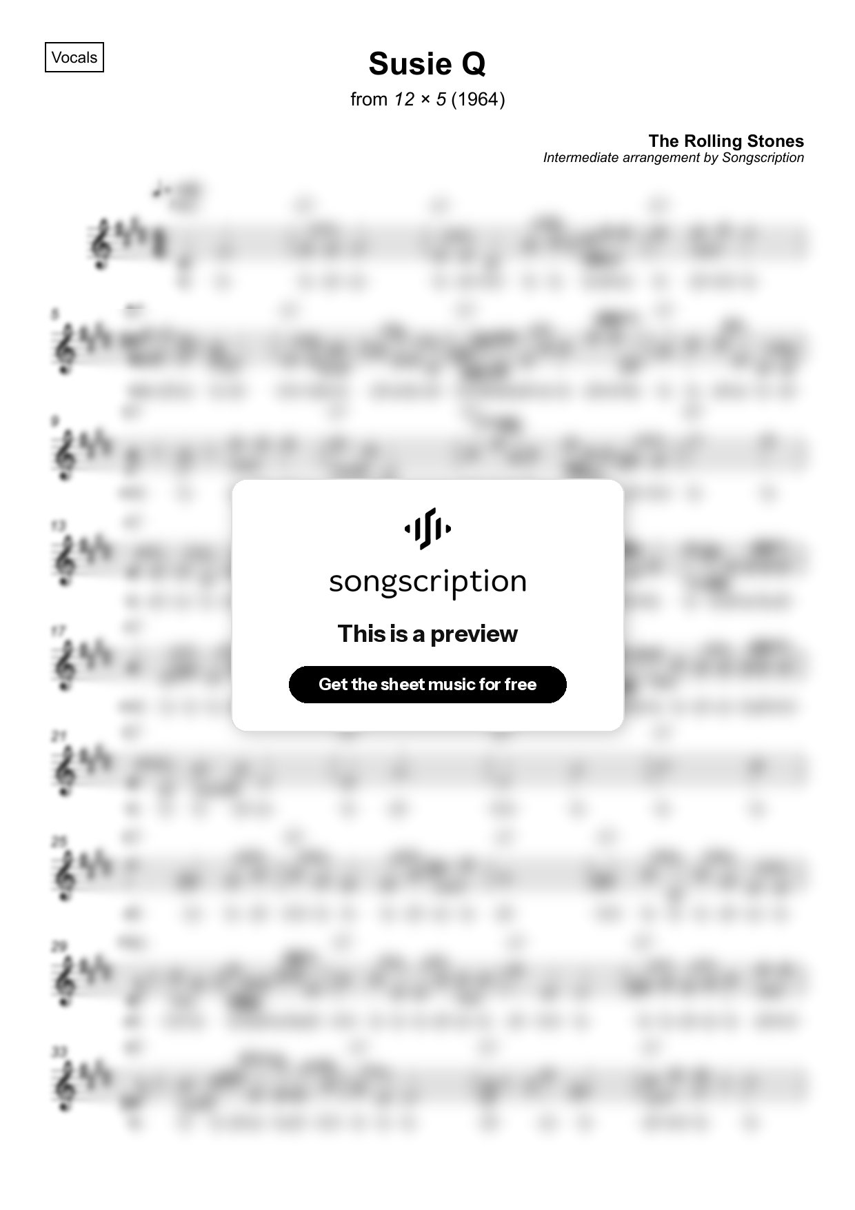 Intermediate Vocals Sheet Music for "Susie Q" by The Rolling Stones