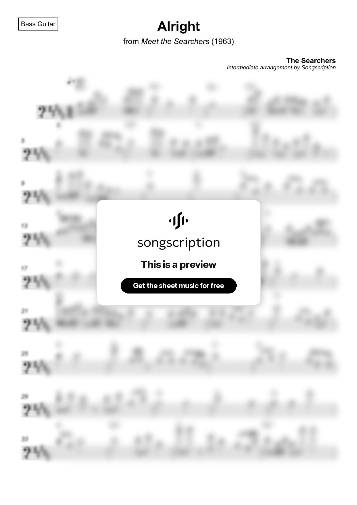 Intermediate Bass Guitar Sheet Music for "Alright" by The Searchers