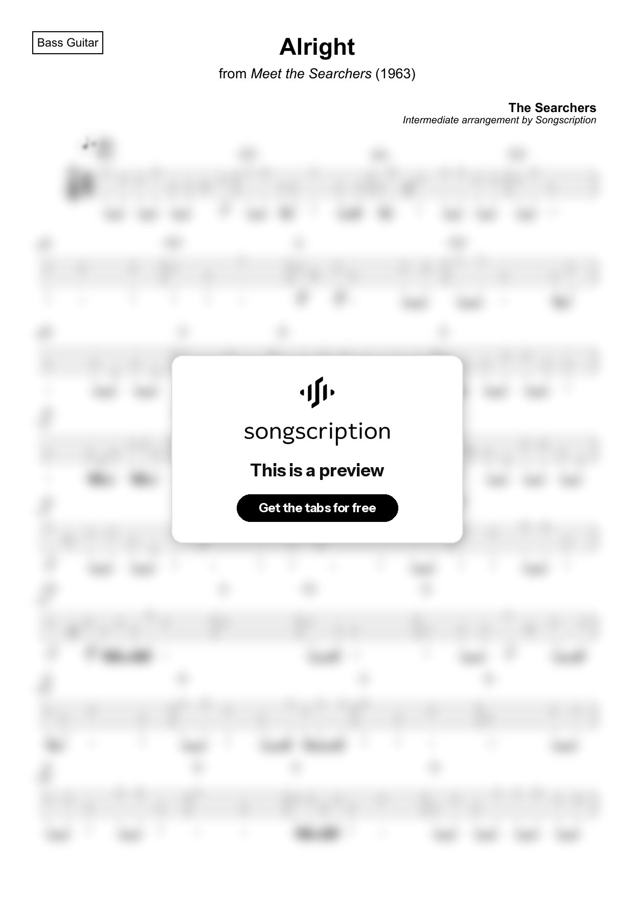 Intermediate Bass Guitar Tabs for "Alright" by The Searchers