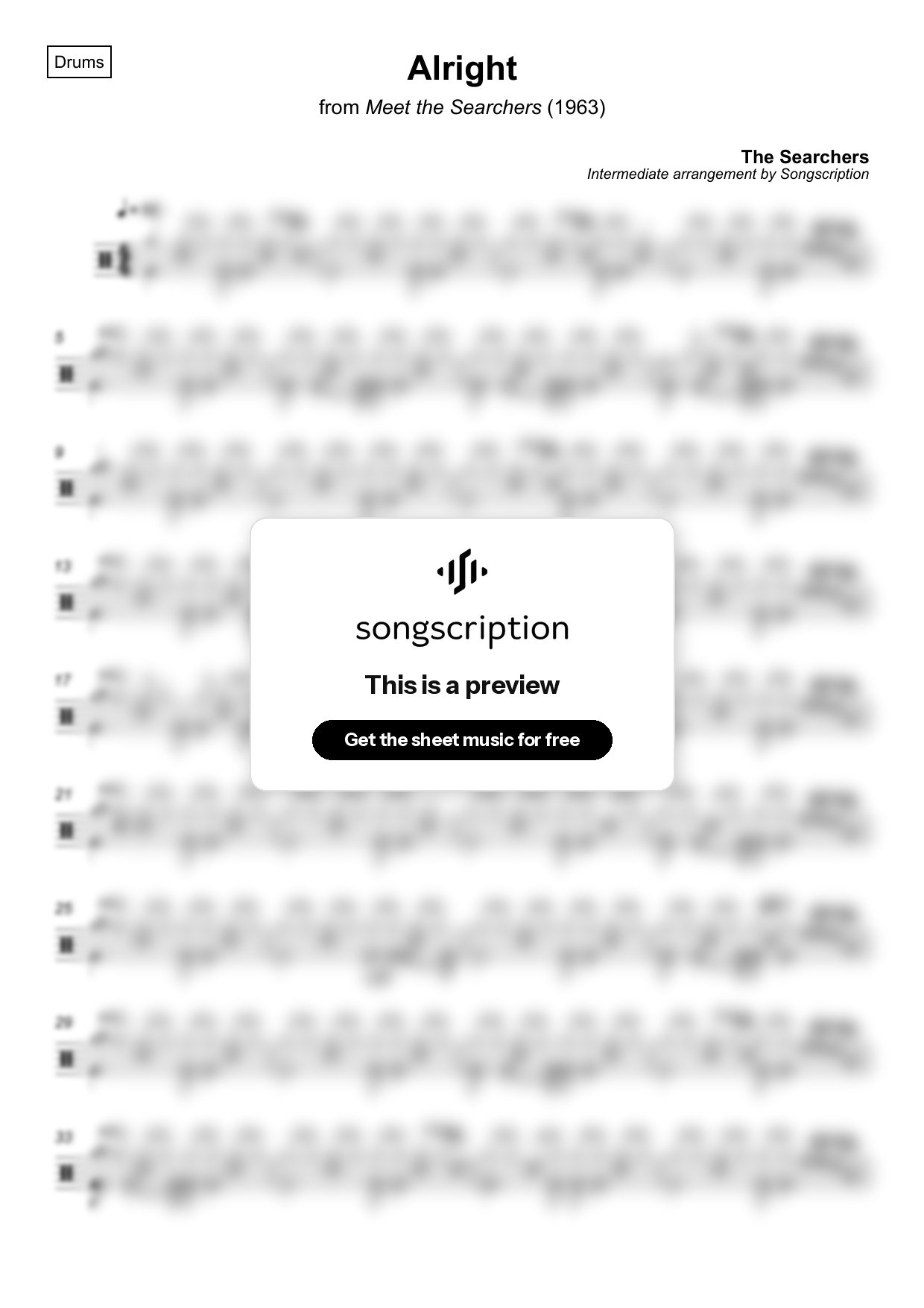 Intermediate Drums Sheet Music for "Alright" by The Searchers