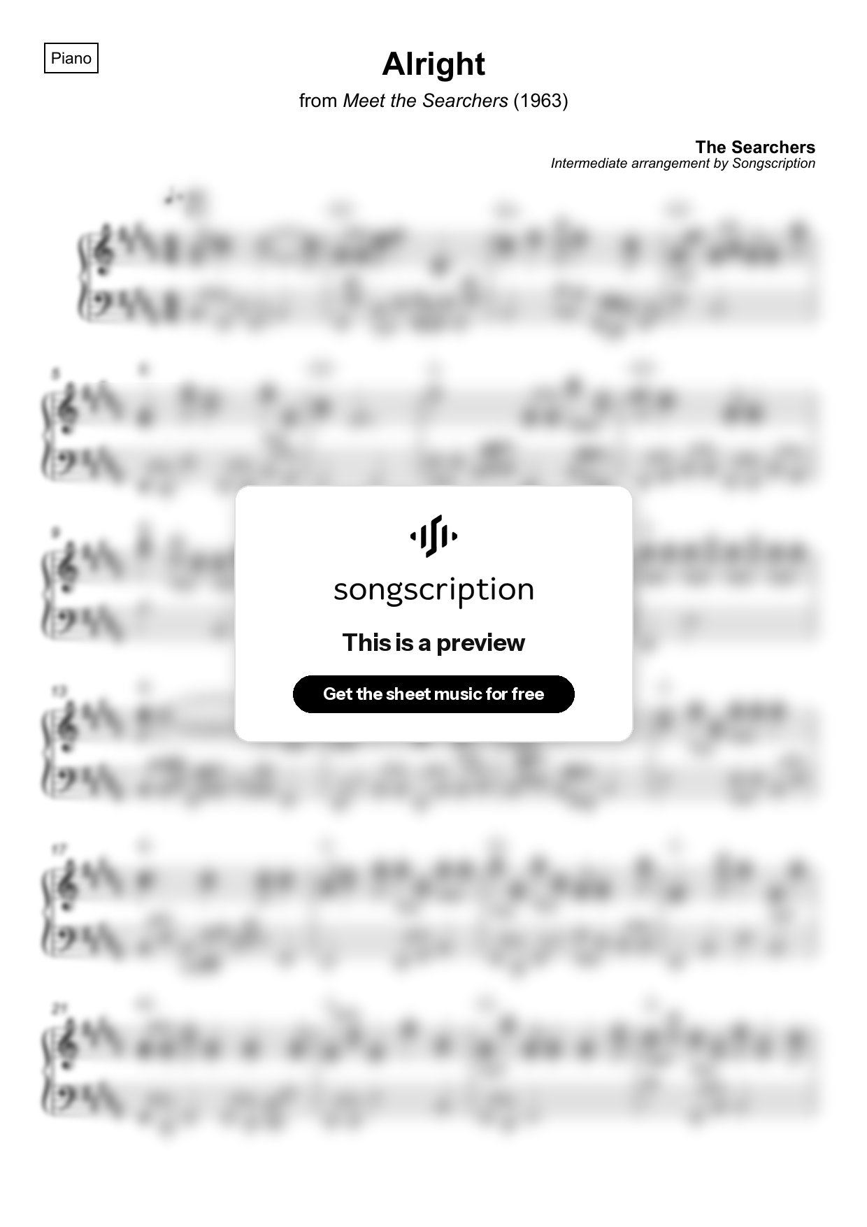 Intermediate Piano Sheet Music for "Alright" by The Searchers