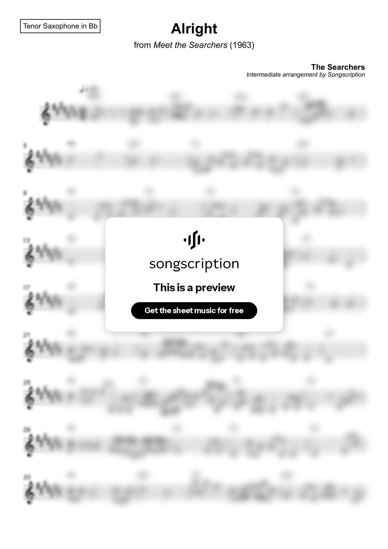Intermediate Tenor Sax Sheet Music for "Alright" by The Searchers