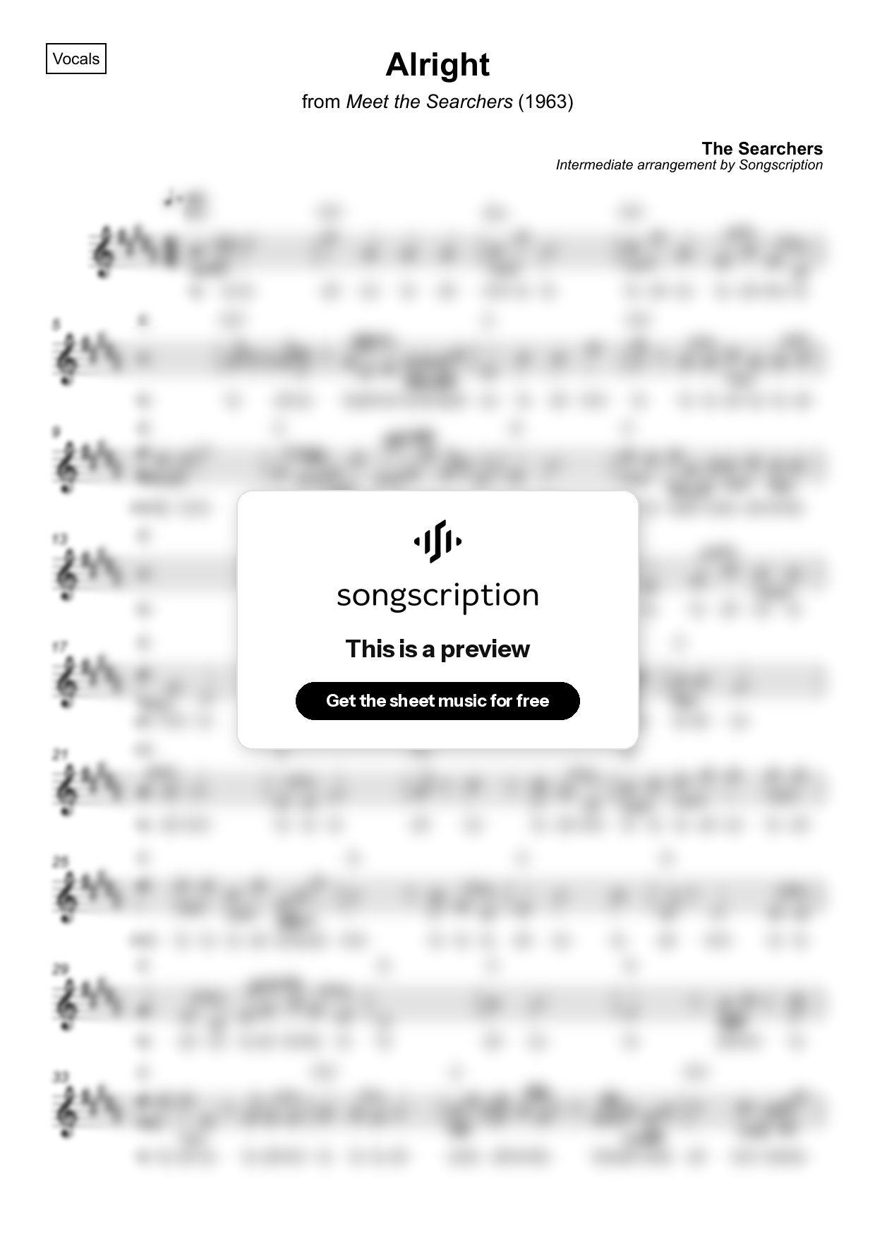 Intermediate Vocals Sheet Music for "Alright" by The Searchers