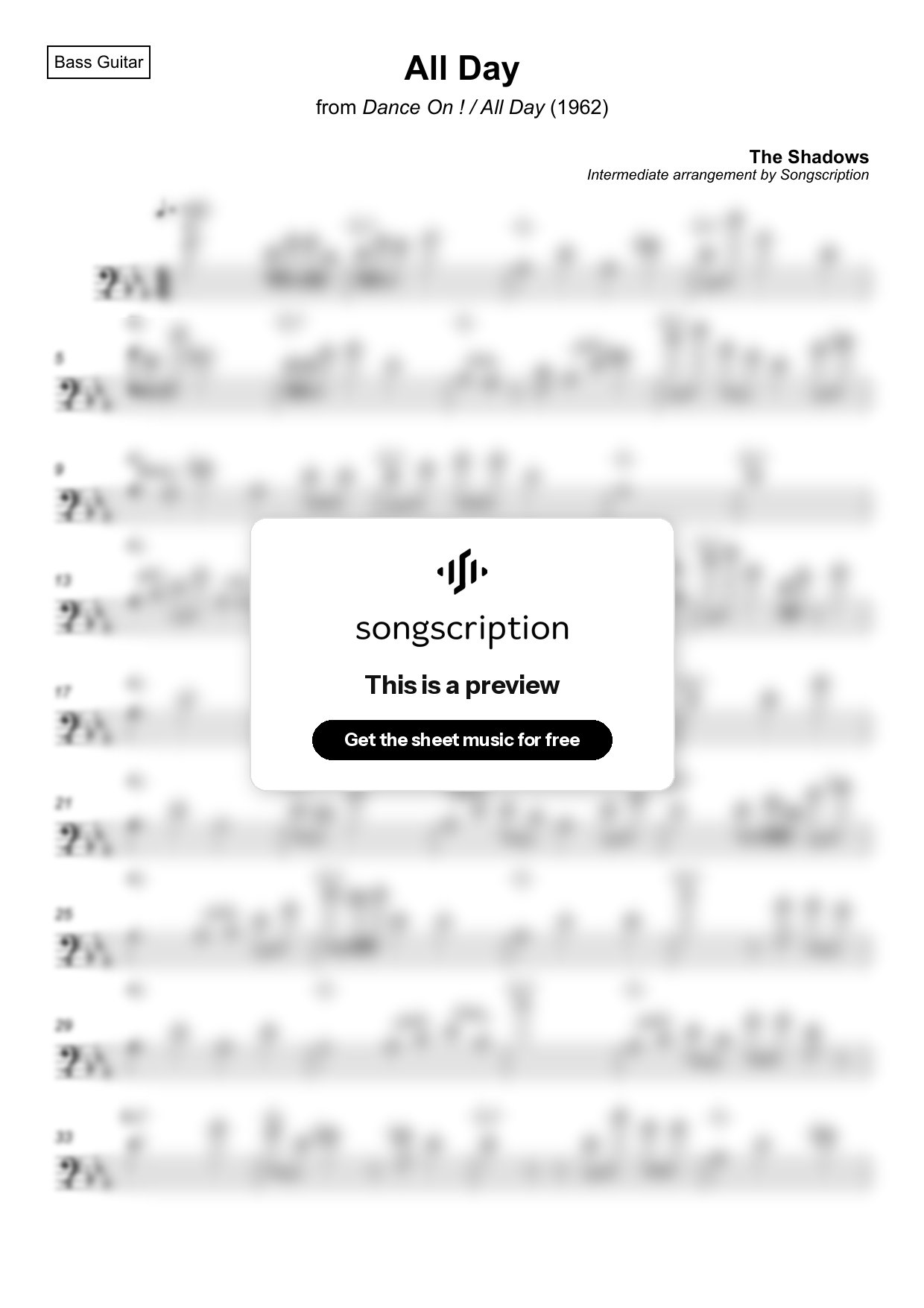 Intermediate Bass Guitar Sheet Music for "All Day" by The Shadows