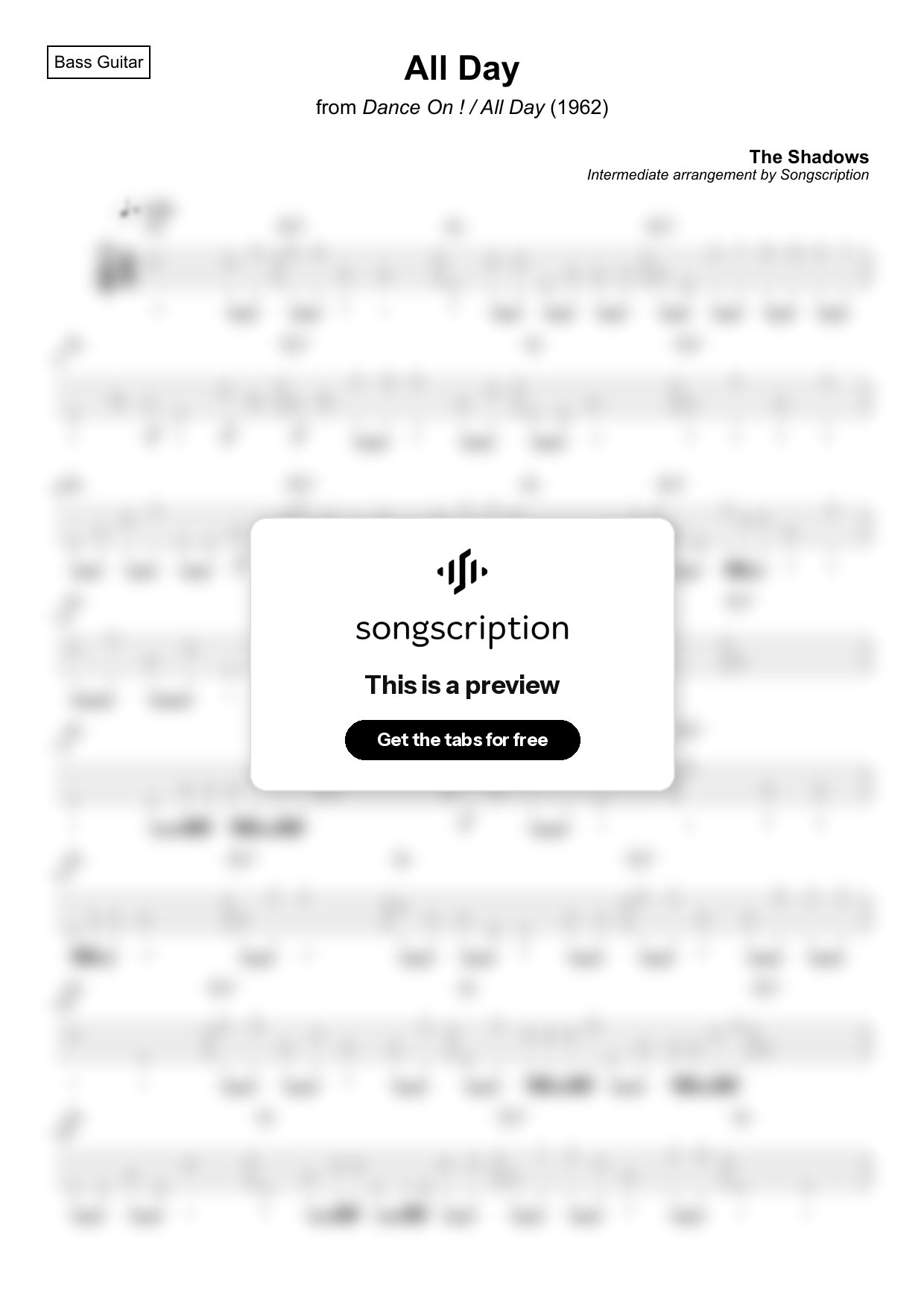 Intermediate Bass Guitar Tabs for "All Day" by The Shadows