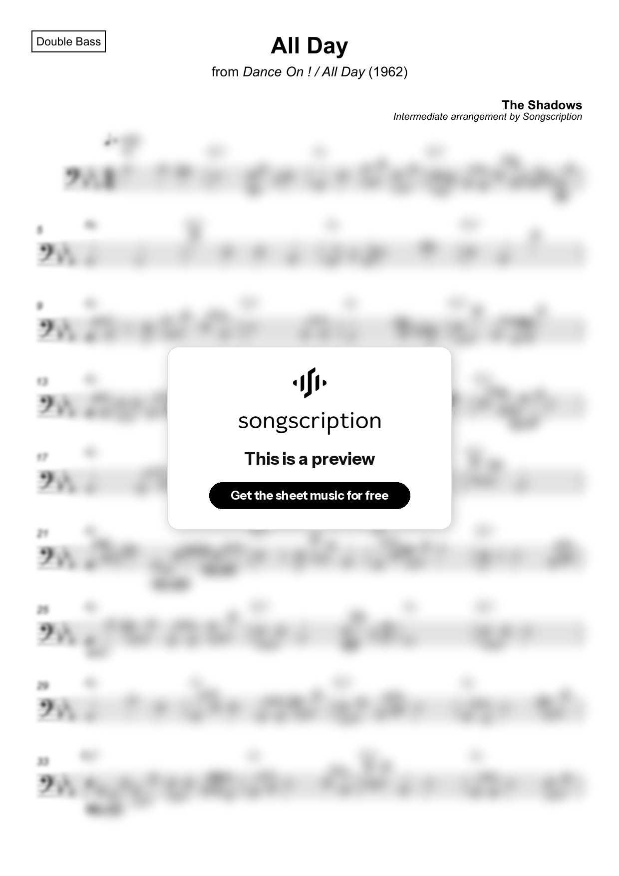 Intermediate Double Bass Sheet Music for "All Day" by The Shadows