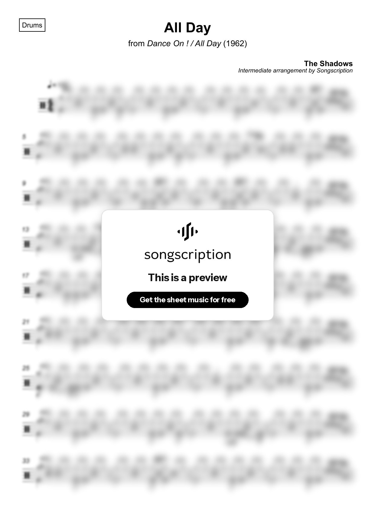 Intermediate Drums Sheet Music for "All Day" by The Shadows