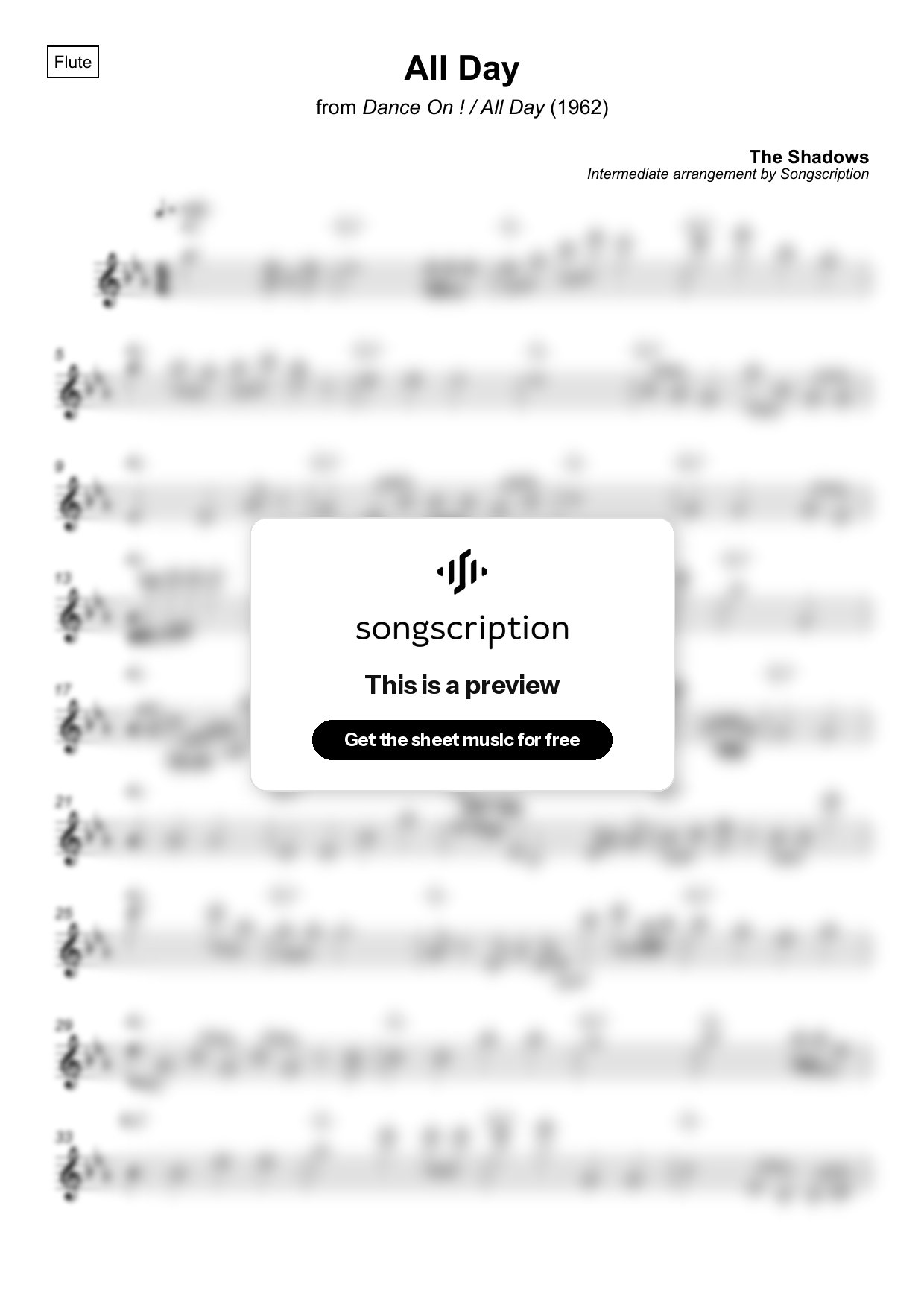 Intermediate Flute Sheet Music for "All Day" by The Shadows