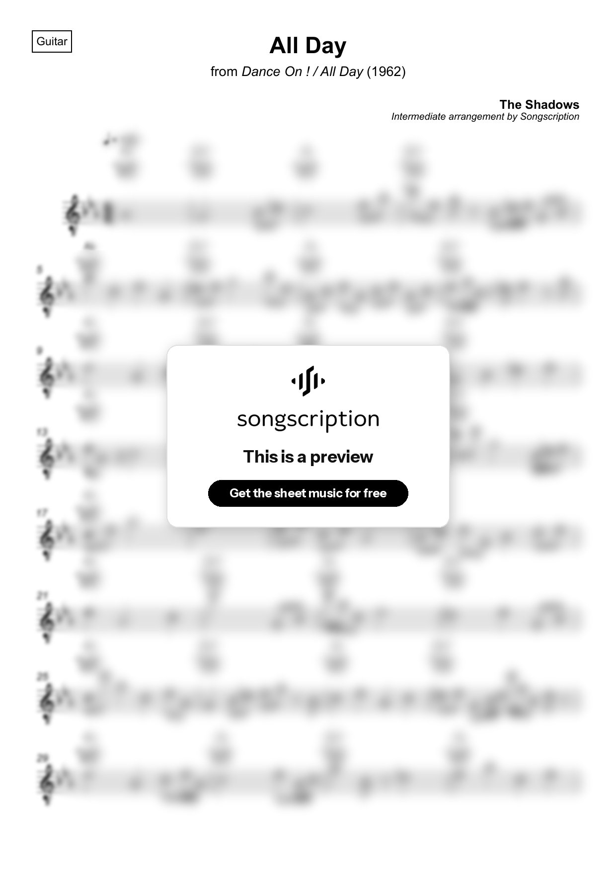Intermediate Acoustic Guitar Sheet Music for "All Day" by The Shadows