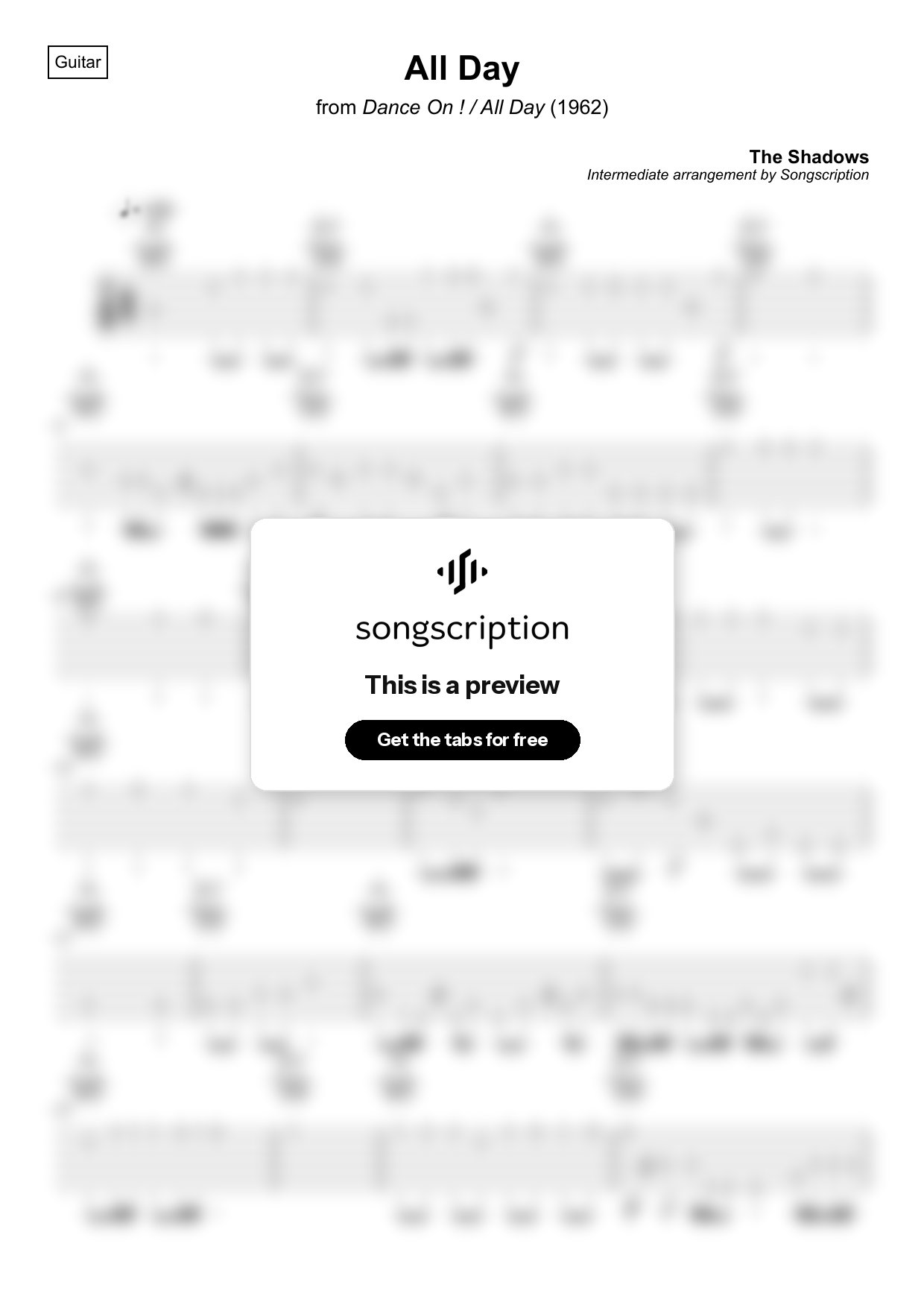 Intermediate Acoustic Guitar Tabs for "All Day" by The Shadows