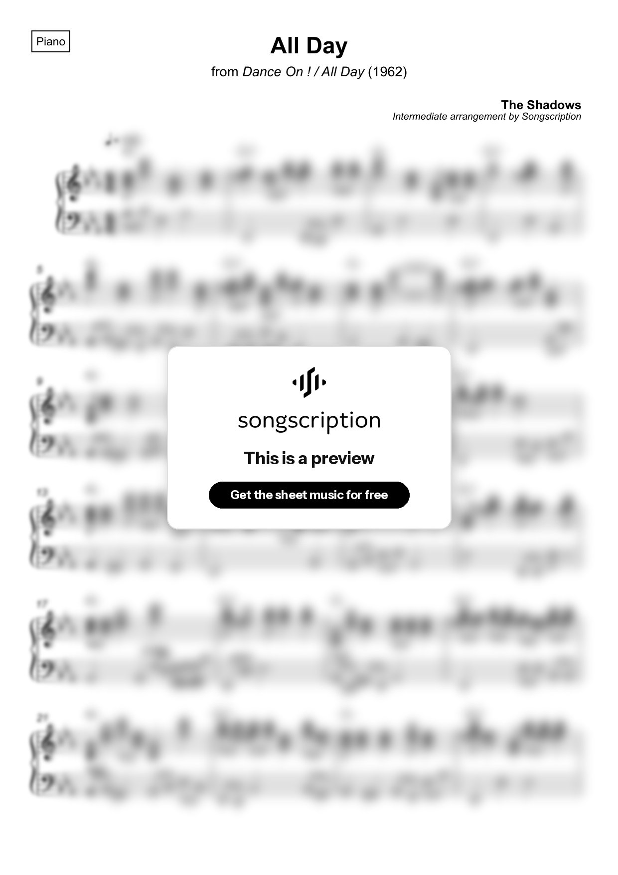 Intermediate Piano Sheet Music for "All Day" by The Shadows