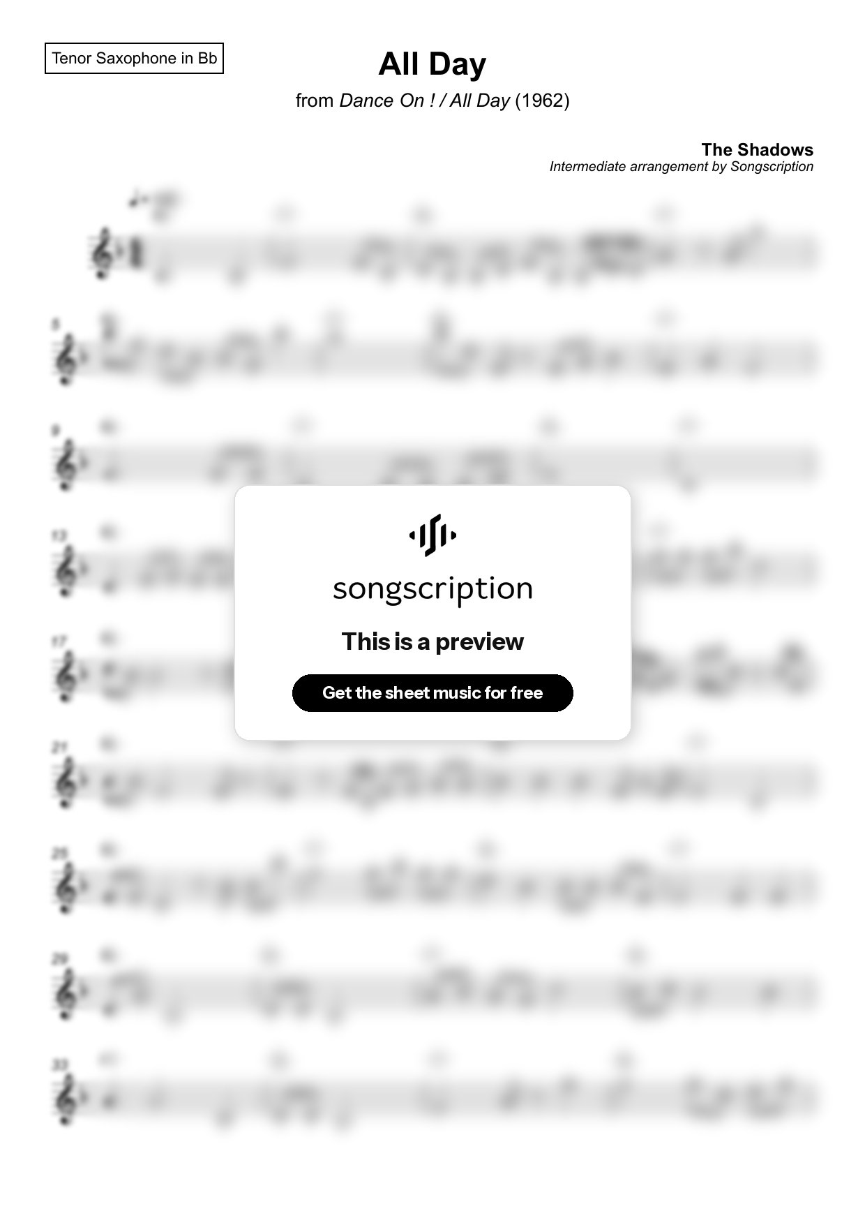 Intermediate Tenor Sax Sheet Music for "All Day" by The Shadows