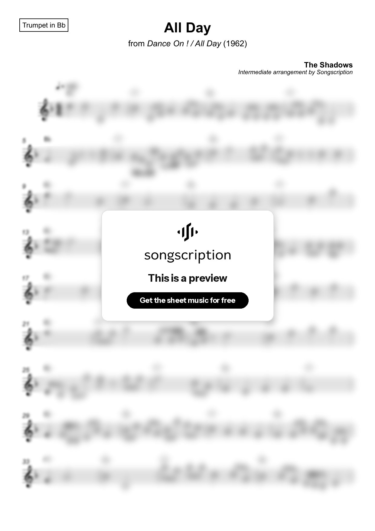 Intermediate Trumpet Sheet Music for "All Day" by The Shadows