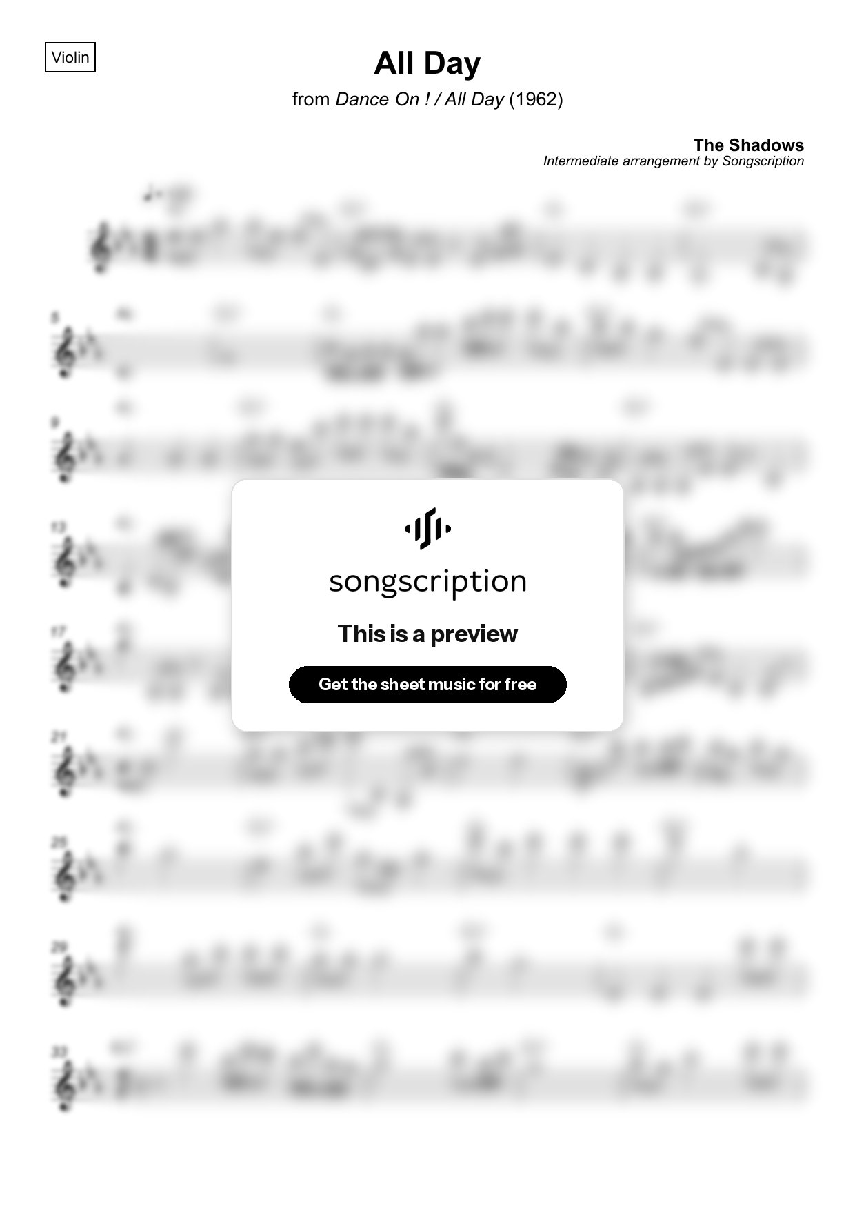 Intermediate Violin Sheet Music for "All Day" by The Shadows