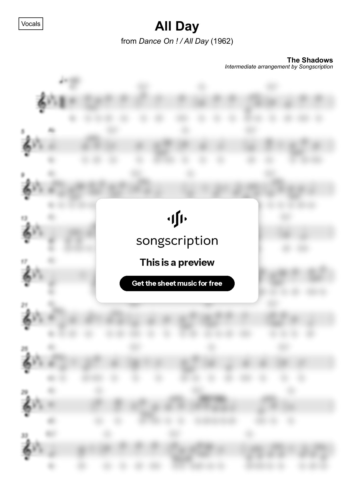 Intermediate Vocals Sheet Music for "All Day" by The Shadows