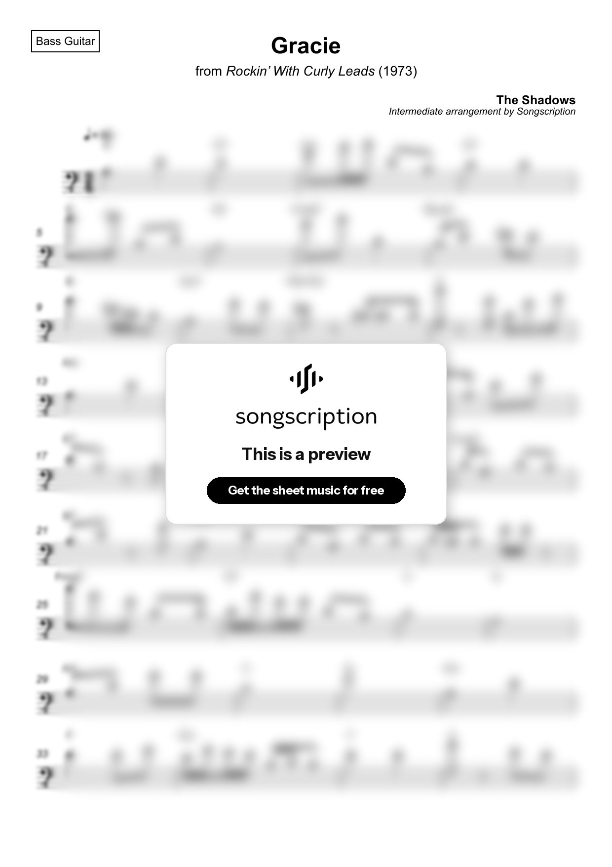 Intermediate Bass Guitar Sheet Music for "Gracie" by The Shadows