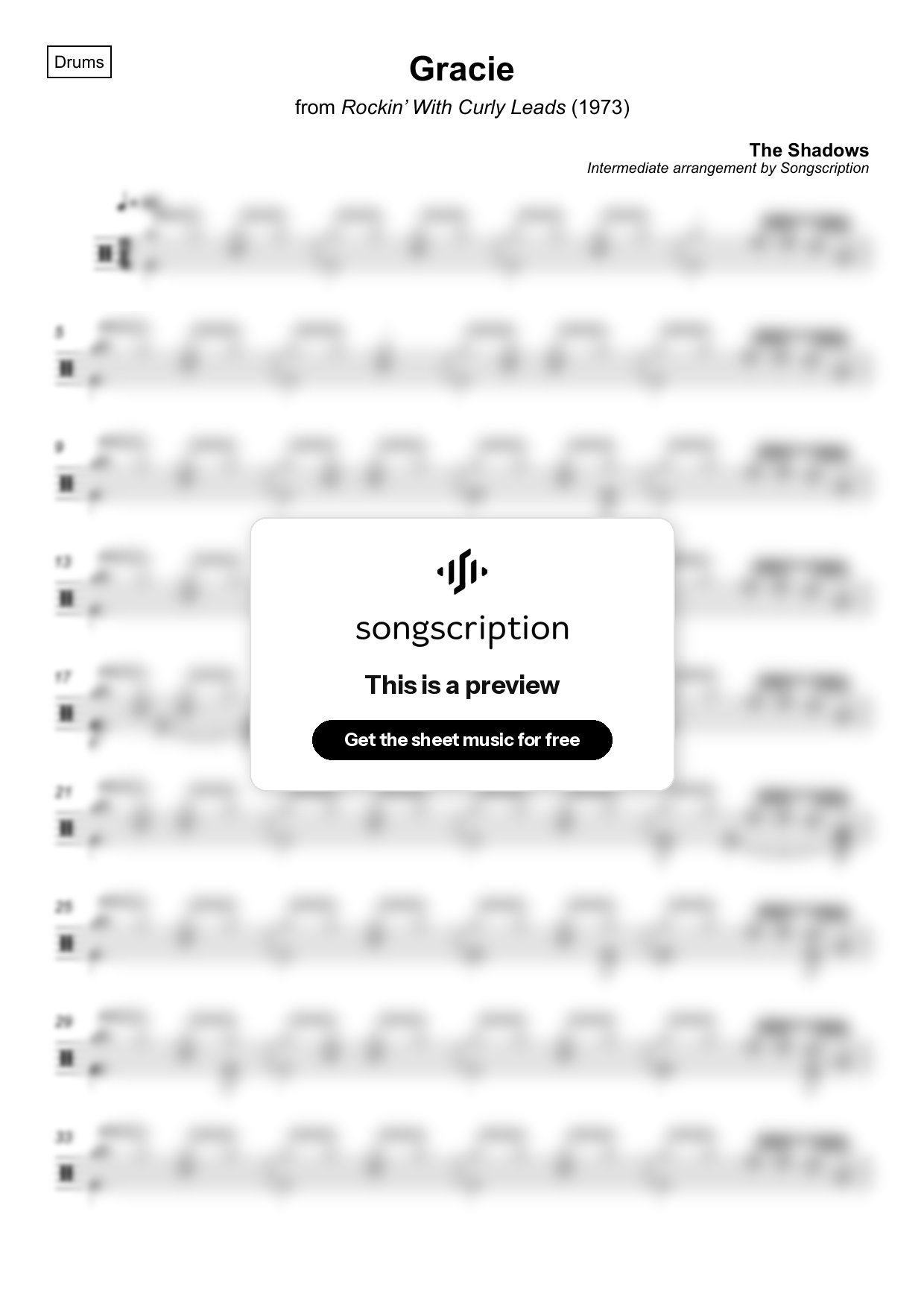 Intermediate Drums Sheet Music for "Gracie" by The Shadows
