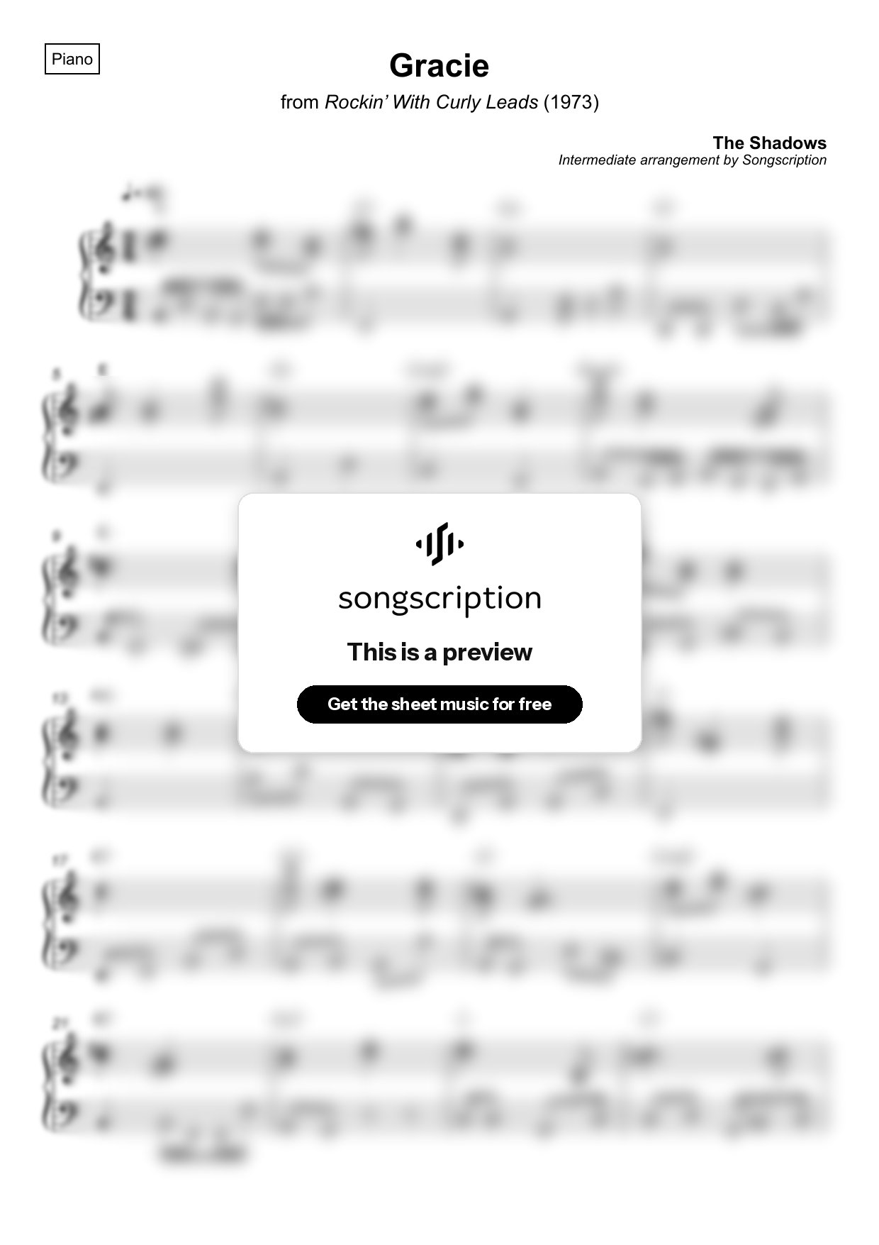 Intermediate Piano Sheet Music for "Gracie" by The Shadows