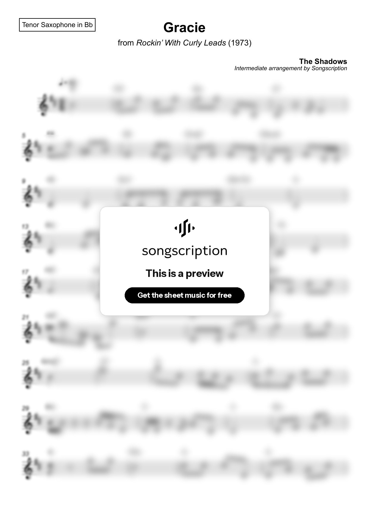 Intermediate Tenor Sax Sheet Music for "Gracie" by The Shadows