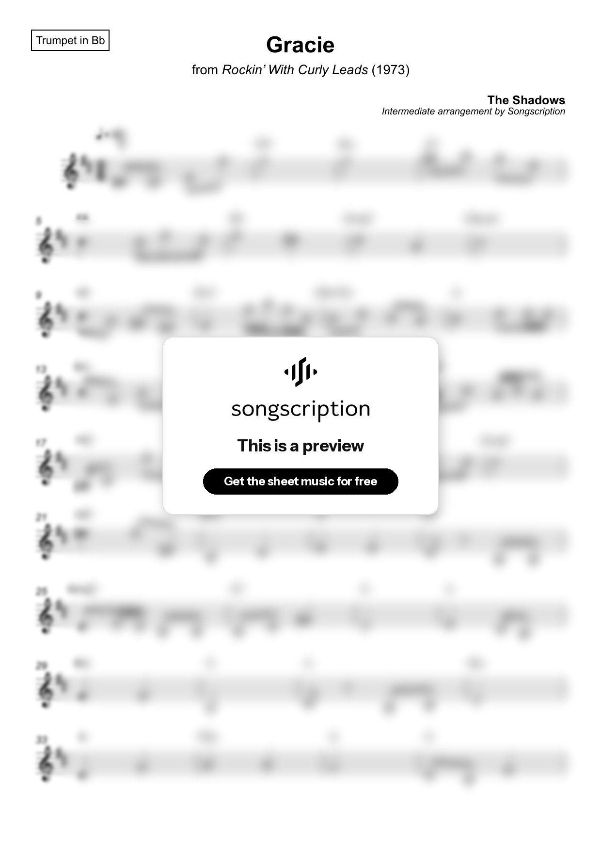 Intermediate Trumpet Sheet Music for "Gracie" by The Shadows