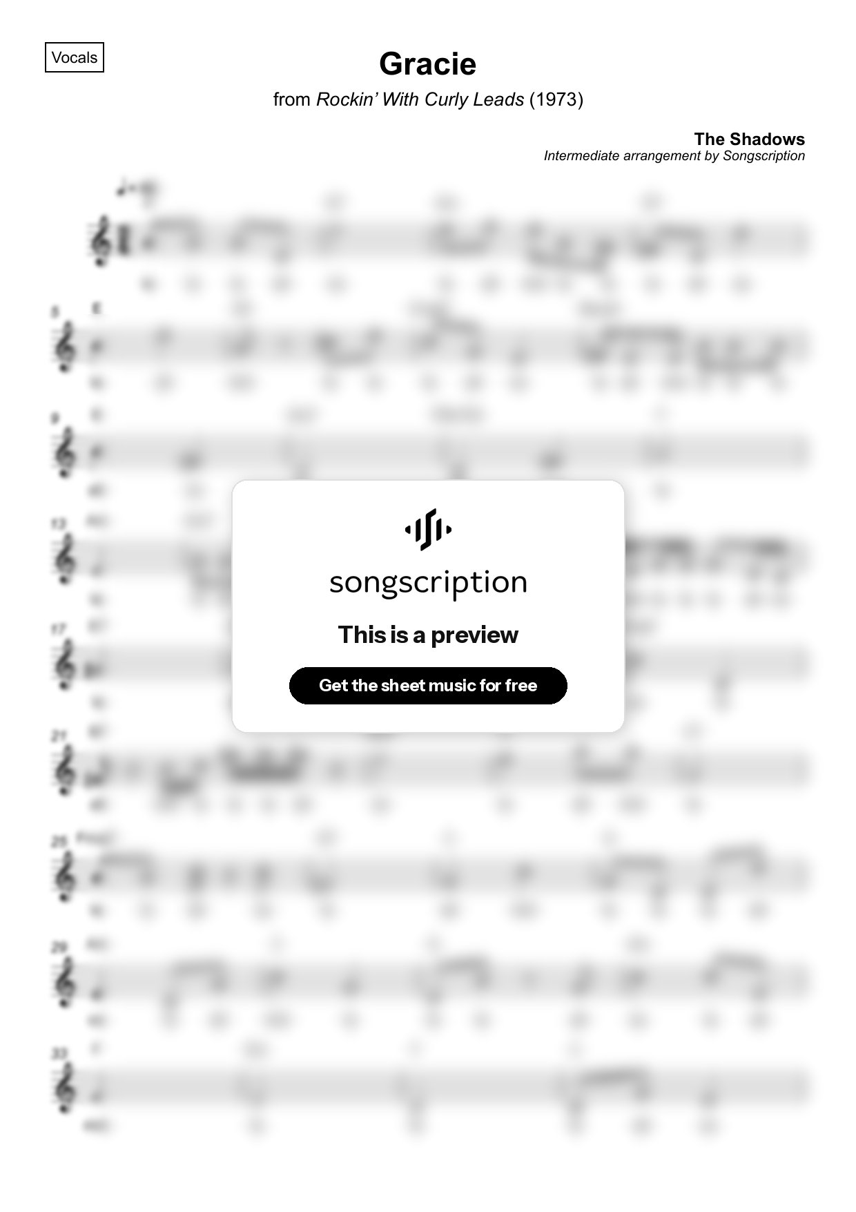 Intermediate Vocals Sheet Music for "Gracie" by The Shadows