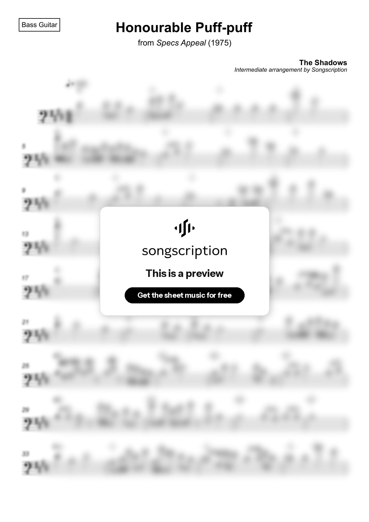 Intermediate Bass Guitar Sheet Music for "Honourable Puff-puff" by The Shadows
